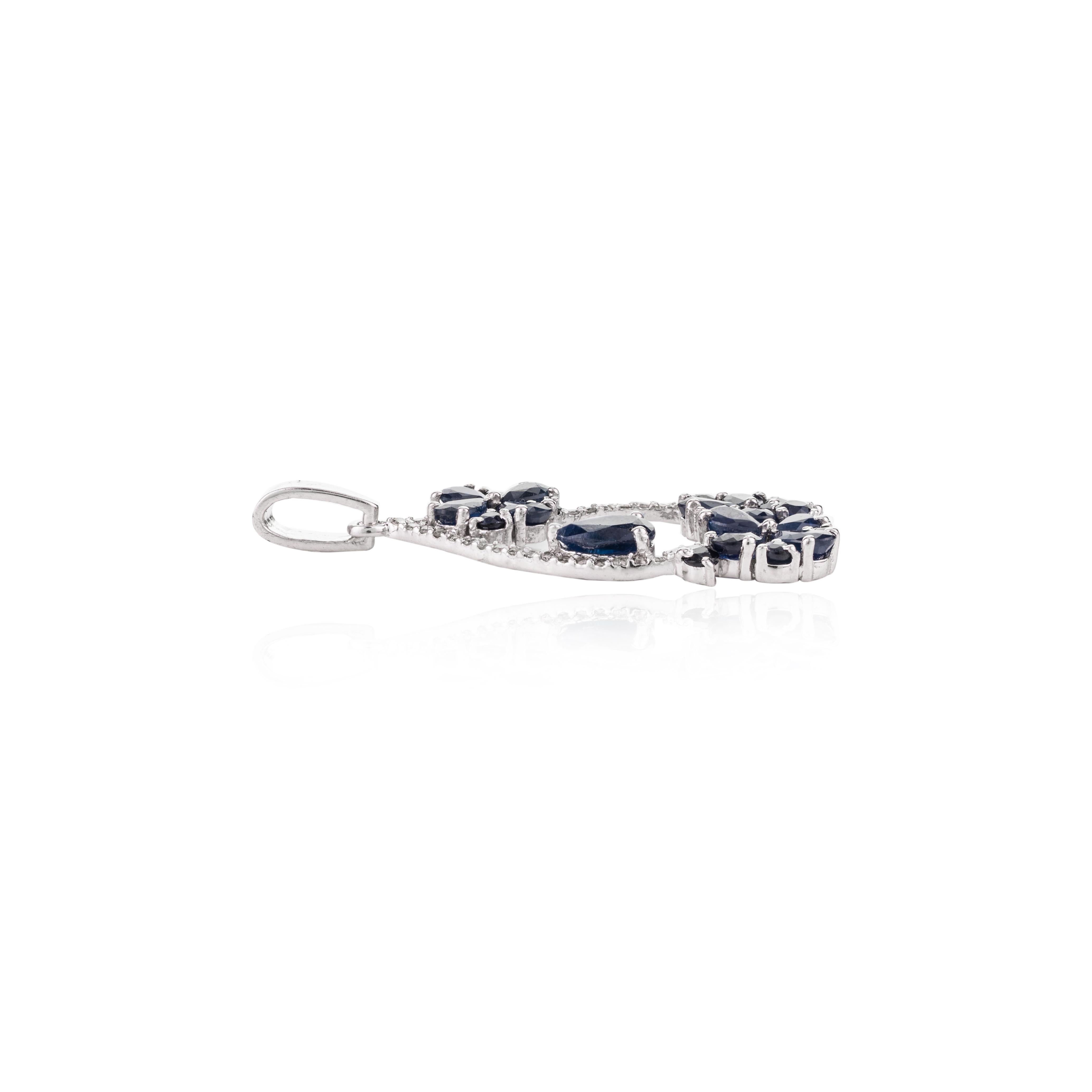 Mixed Cut Real Blue Sapphire and Diamond Floral Wedding Pendant in 925 Silver