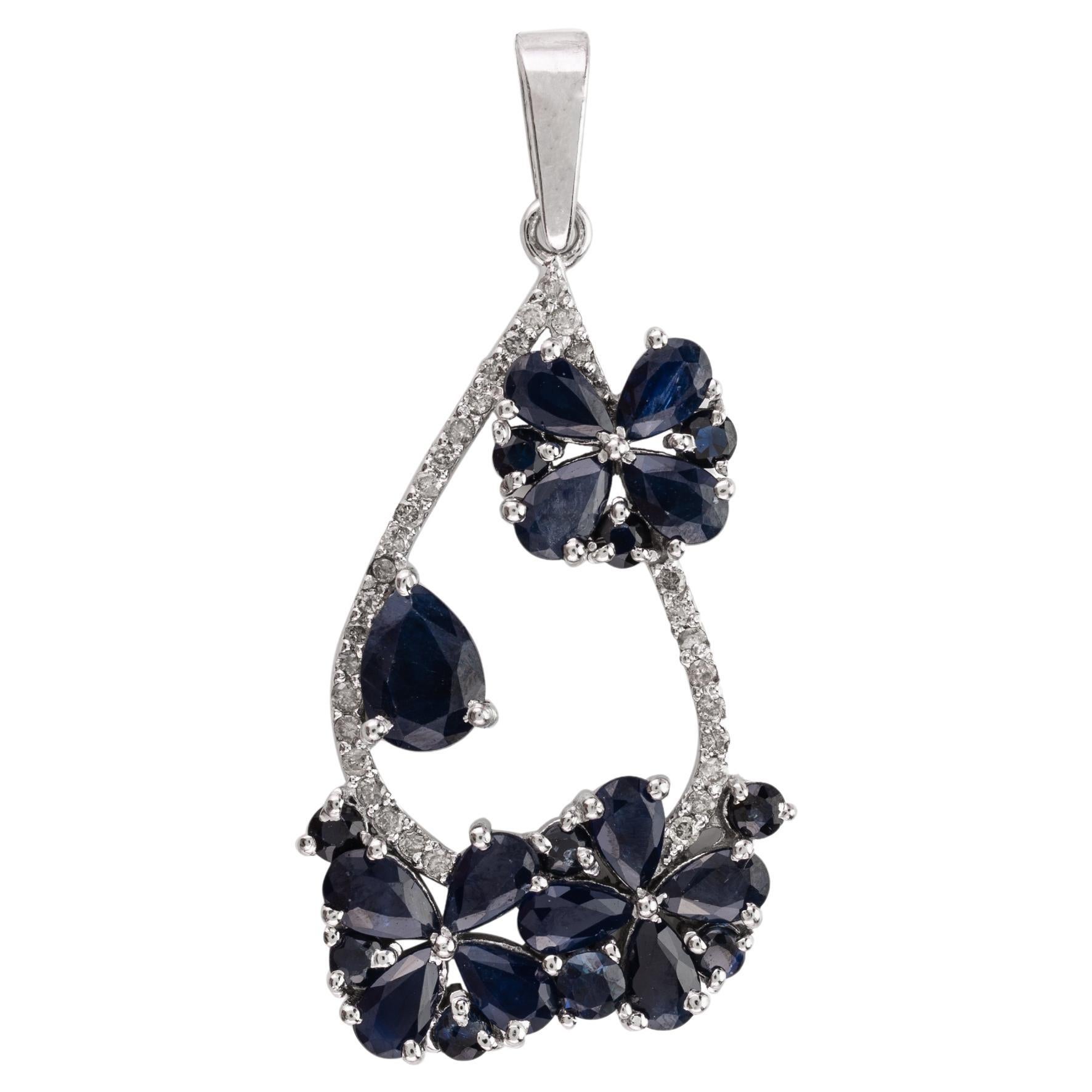 Real Blue Sapphire and Diamond Floral Wedding Pendant in 925 Silver For Sale