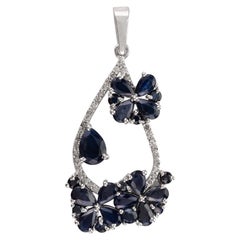 Real Blue Sapphire and Diamond Floral Wedding Pendant in 925 Silver