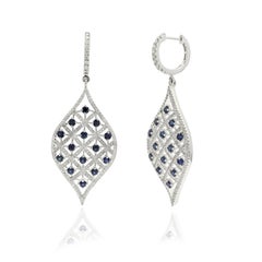 Enticing Leaf Shape Sapphire Diamond Dangling Earrings in 14K White Gold