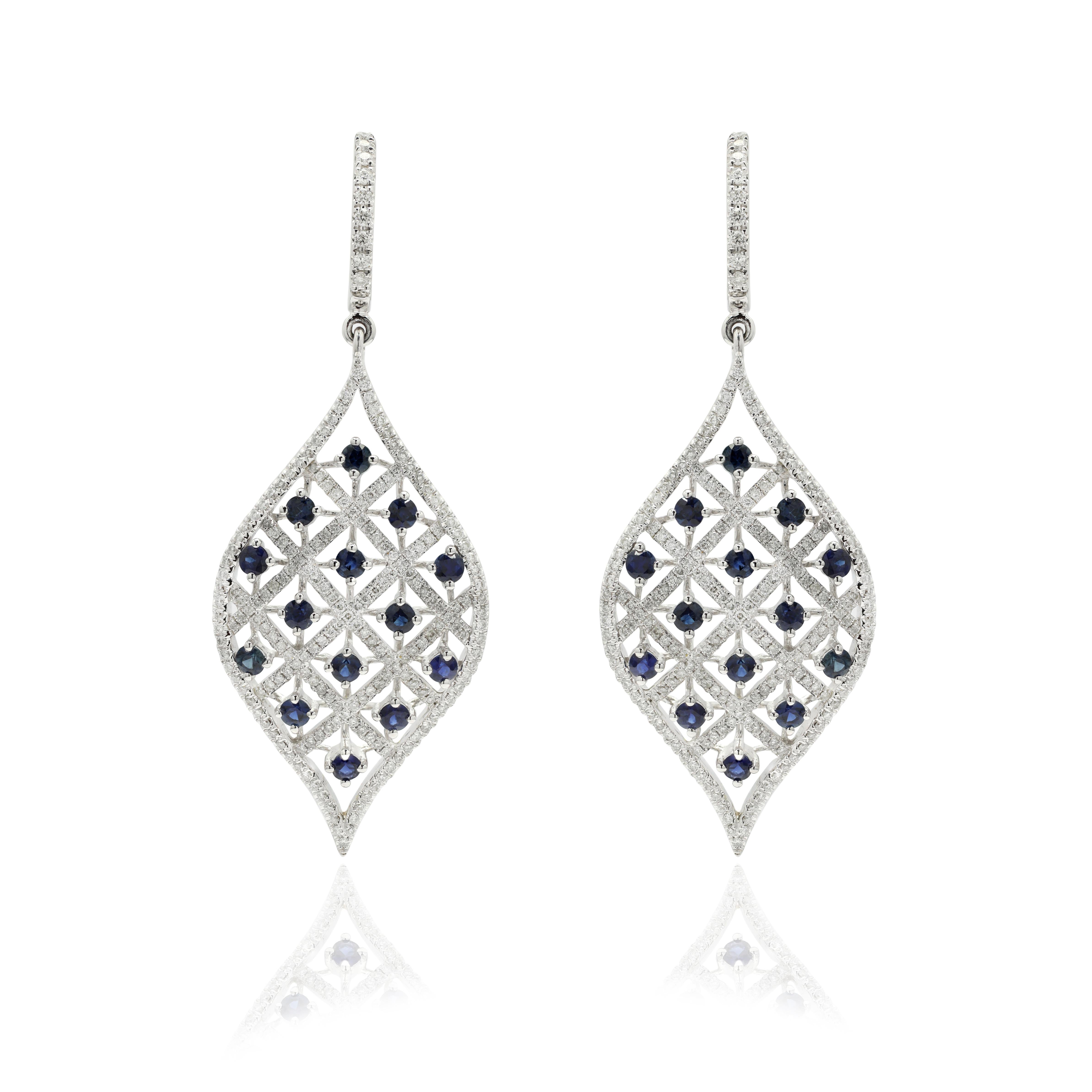 Artist Enticing Leaf Shape Sapphire Diamond Dangling Earrings in 14K White Gold For Sale