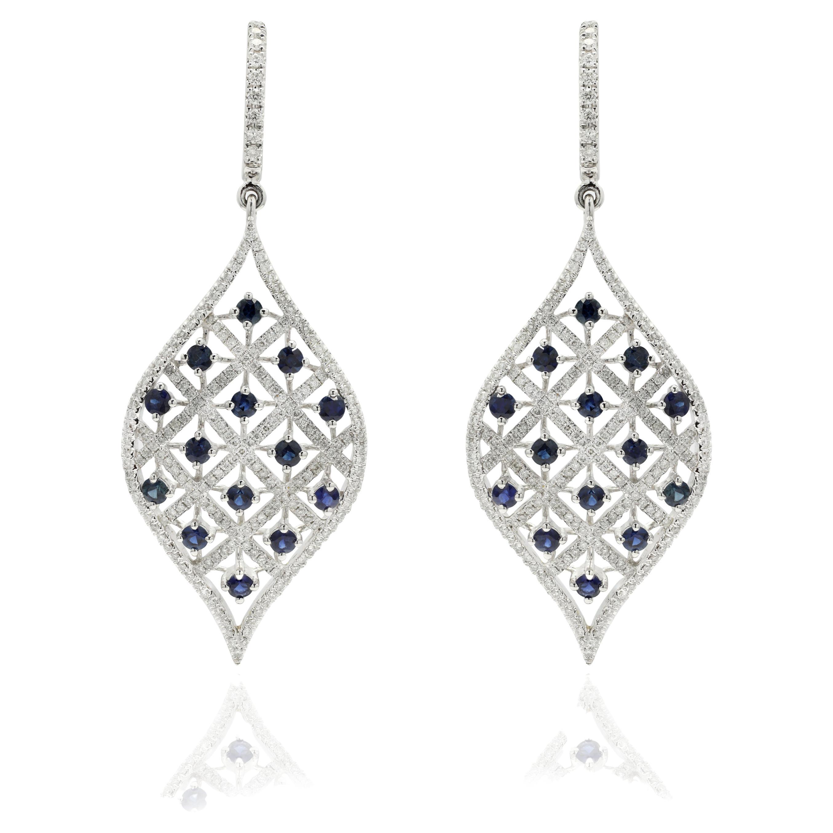 Enticing Leaf Shape Sapphire Diamond Dangling Earrings in 14K White Gold