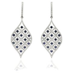 Enticing Leaf Shape Sapphire Diamond Dangling Earrings in 14K White Gold