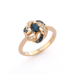 Enticing Sapphire Diamond Floral Bridal Ring in 14K Solid Yellow Gold