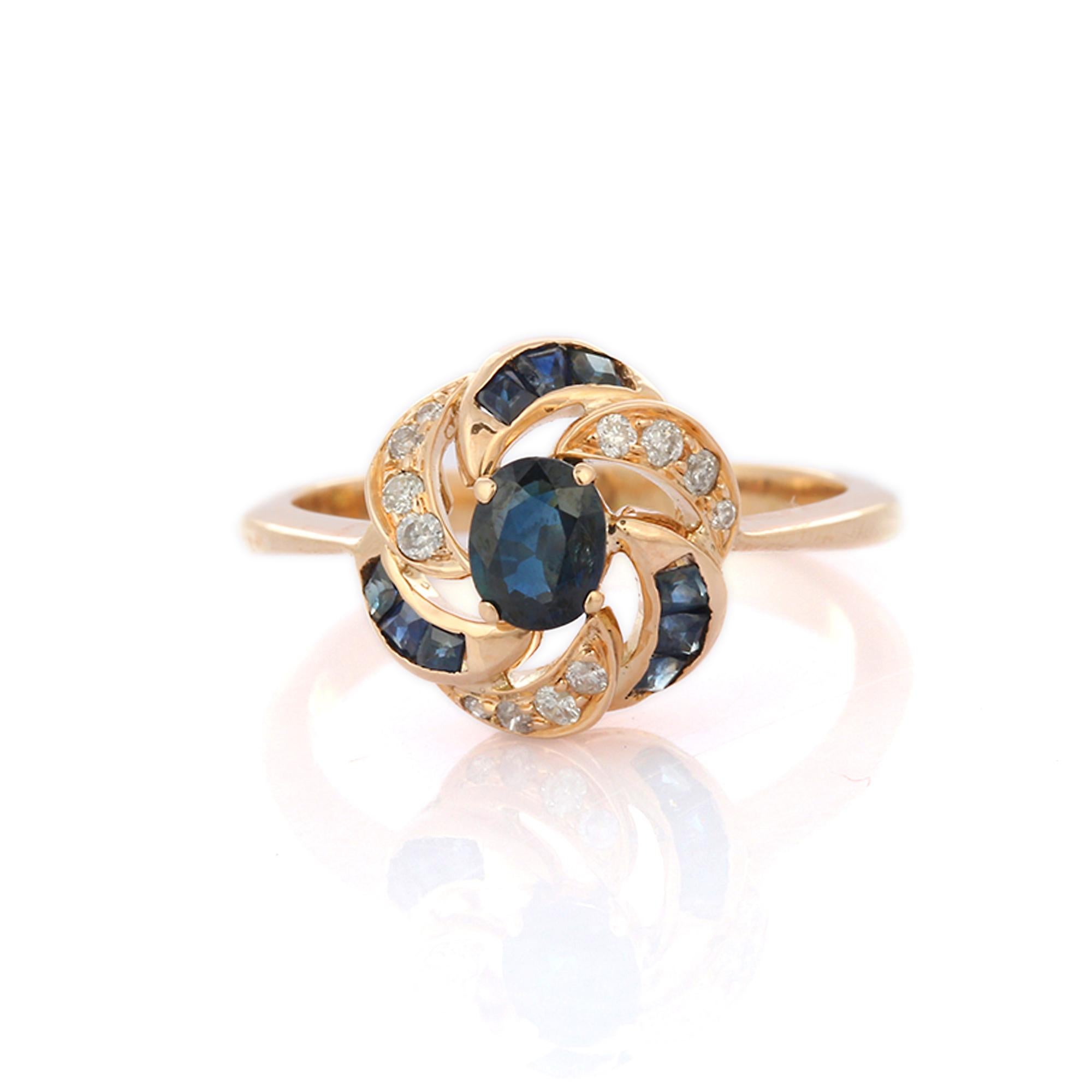 Im Angebot: Enticing Sapphire Diamond Floral Bridal Ring in 14K Solid Gelbgold () 5