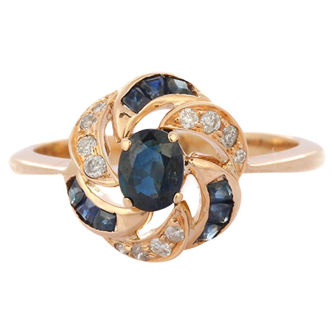 For Sale:  Enticing Sapphire Diamond Floral Bridal Ring in 14K Solid Yellow Gold