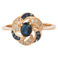 Enticing Sapphire and Diamond Floral Wedding Ring in 14K Solid Yellow Gold