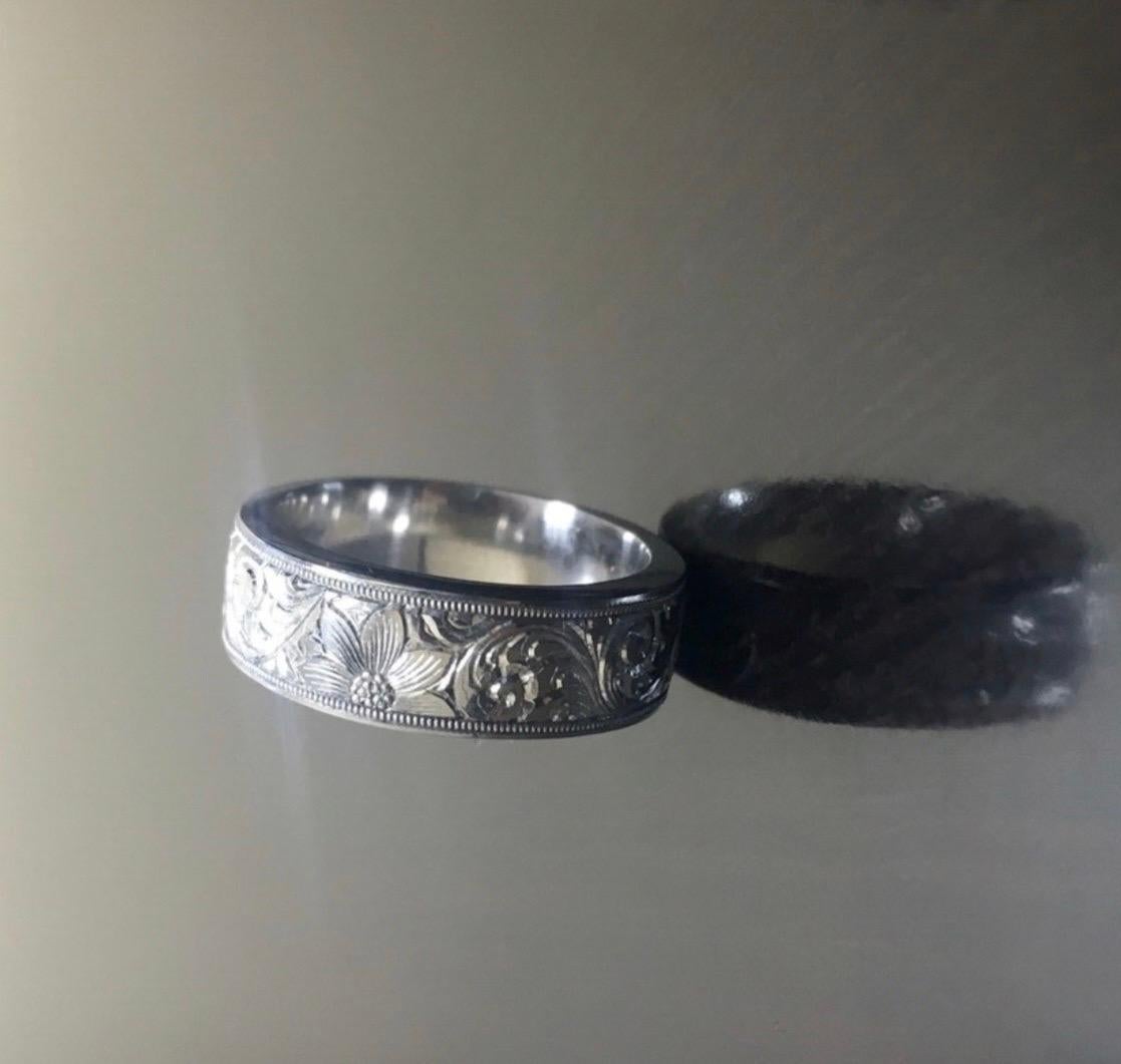 Women's or Men's Entirely Handmade Art Deco Hand Engraved Platinum Wedding Band For Sale