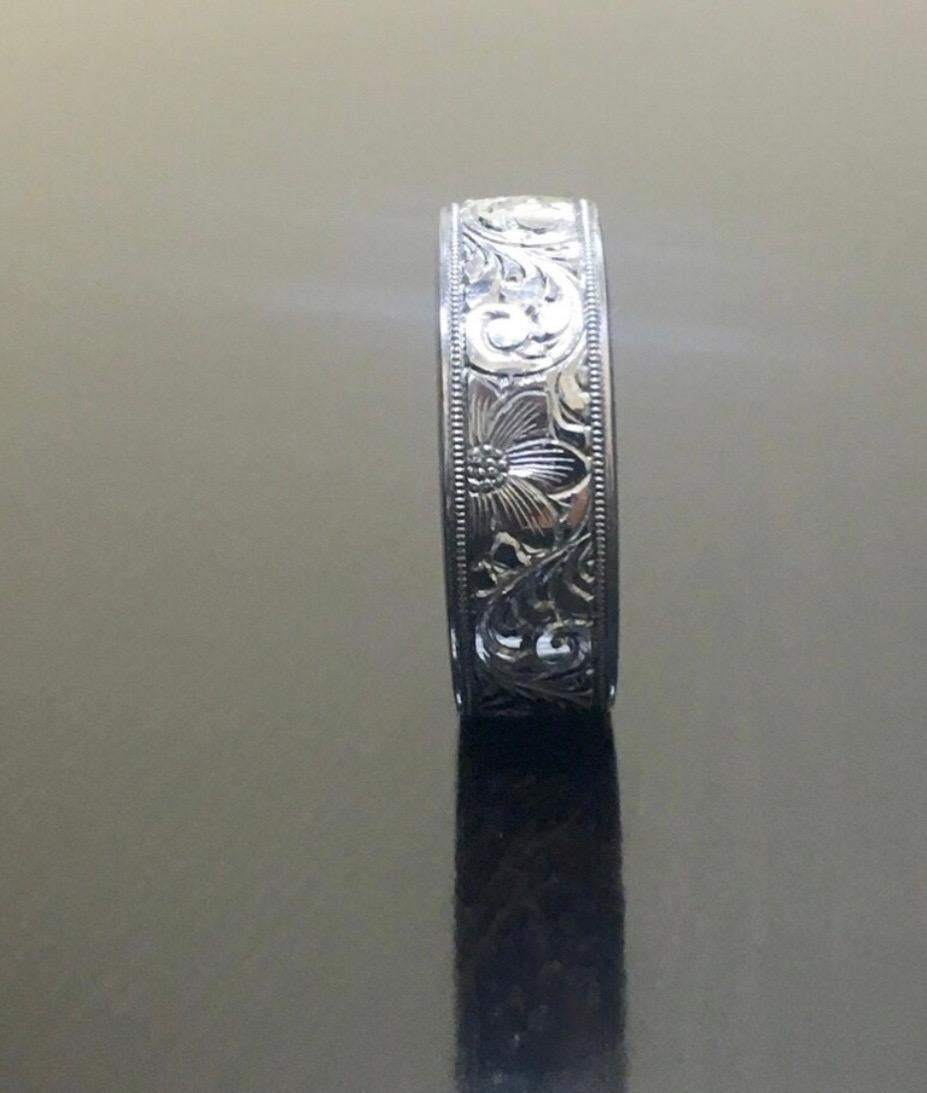 Entirely Handmade Art Deco Hand Engraved Platinum Wedding Band For Sale 1