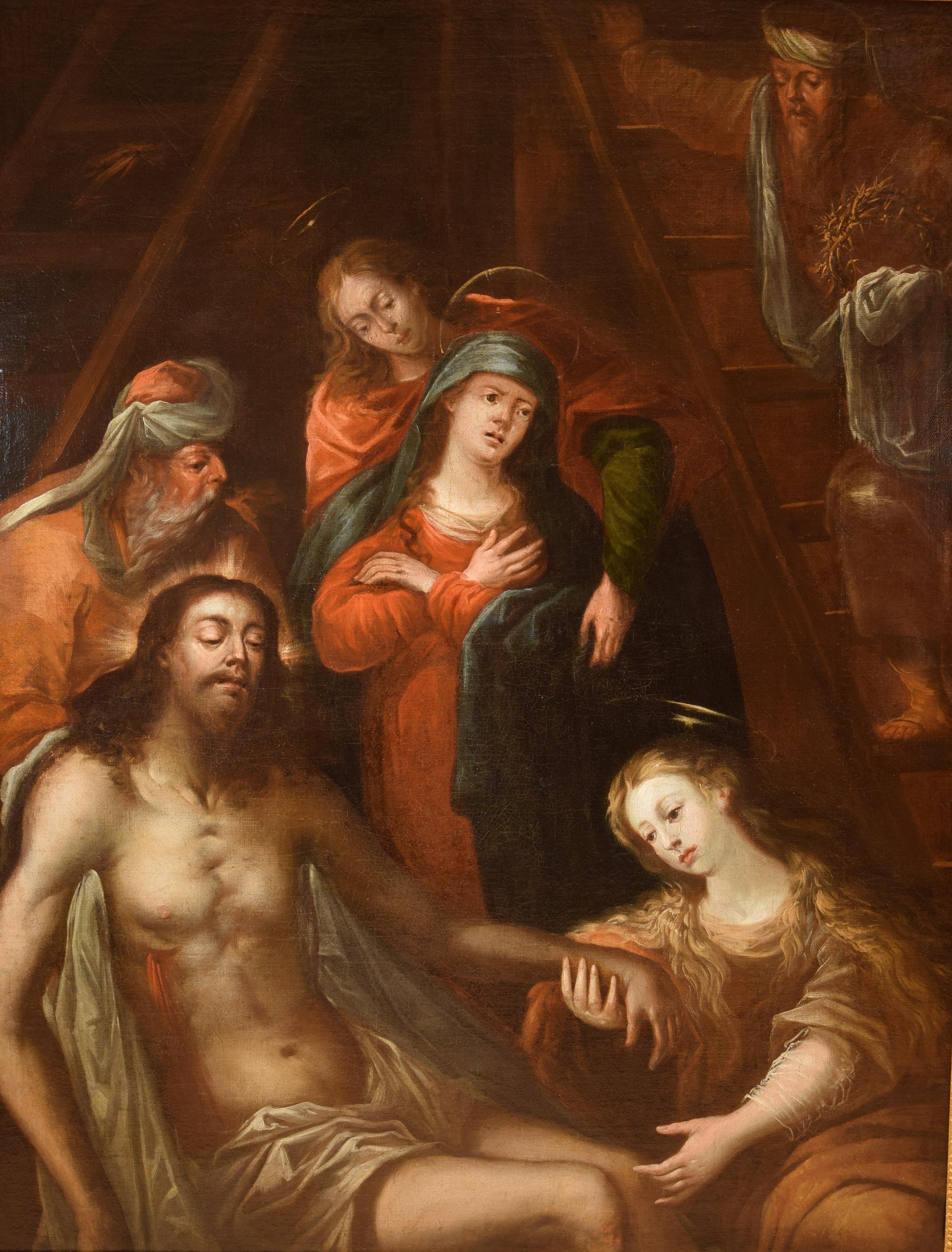 Descent oil on canvas. Flemish school, 17th century. 
In the foreground of the painting is located, in the center, the body of dead Christ, supported by a male figure and with Mary Magdalene taking one of his hands; in the background, the Virgin