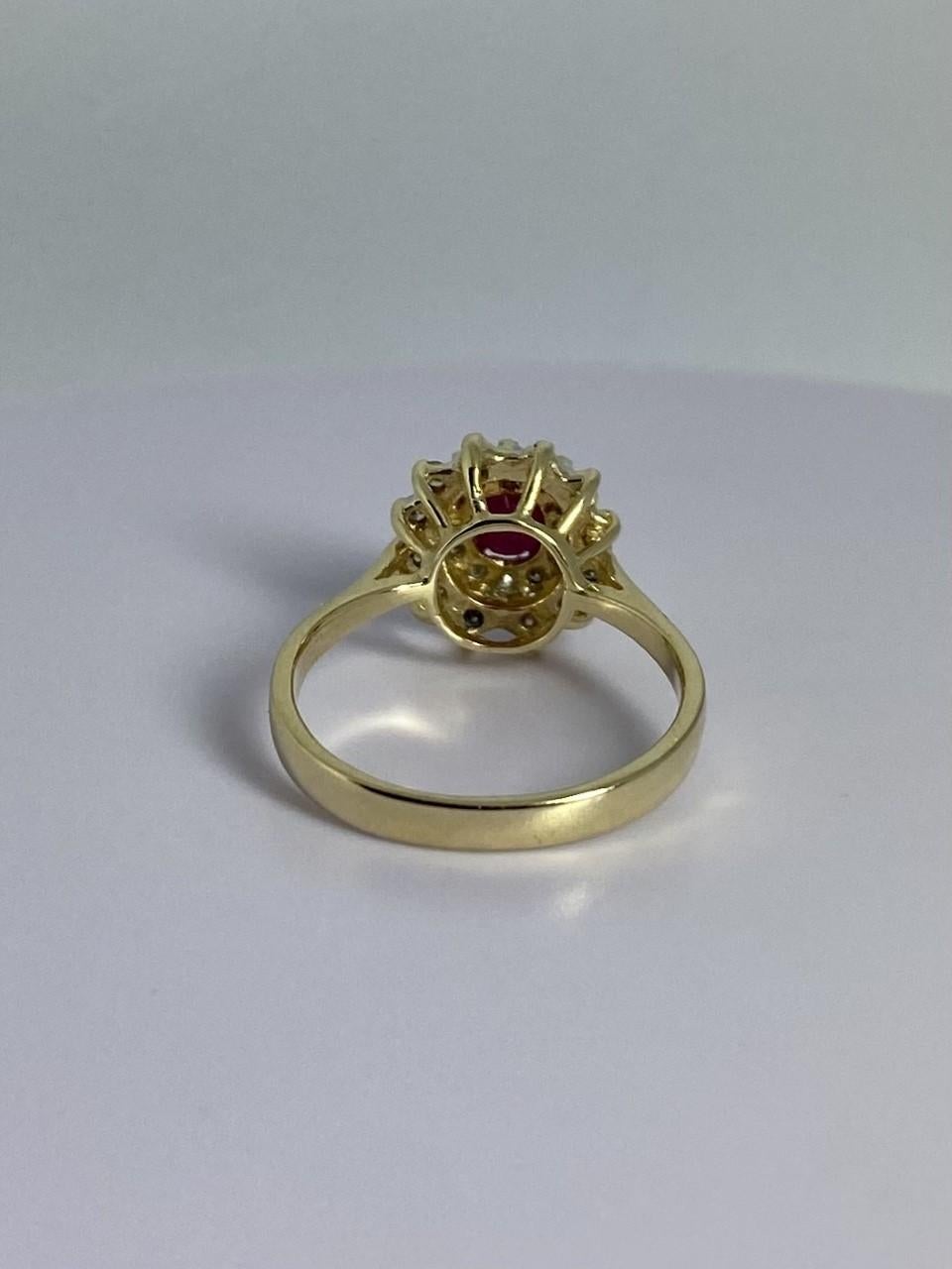 Brilliant Cut European Entourage ring of 14 carat bicolor gold with natural ruby & 24 diamonds For Sale