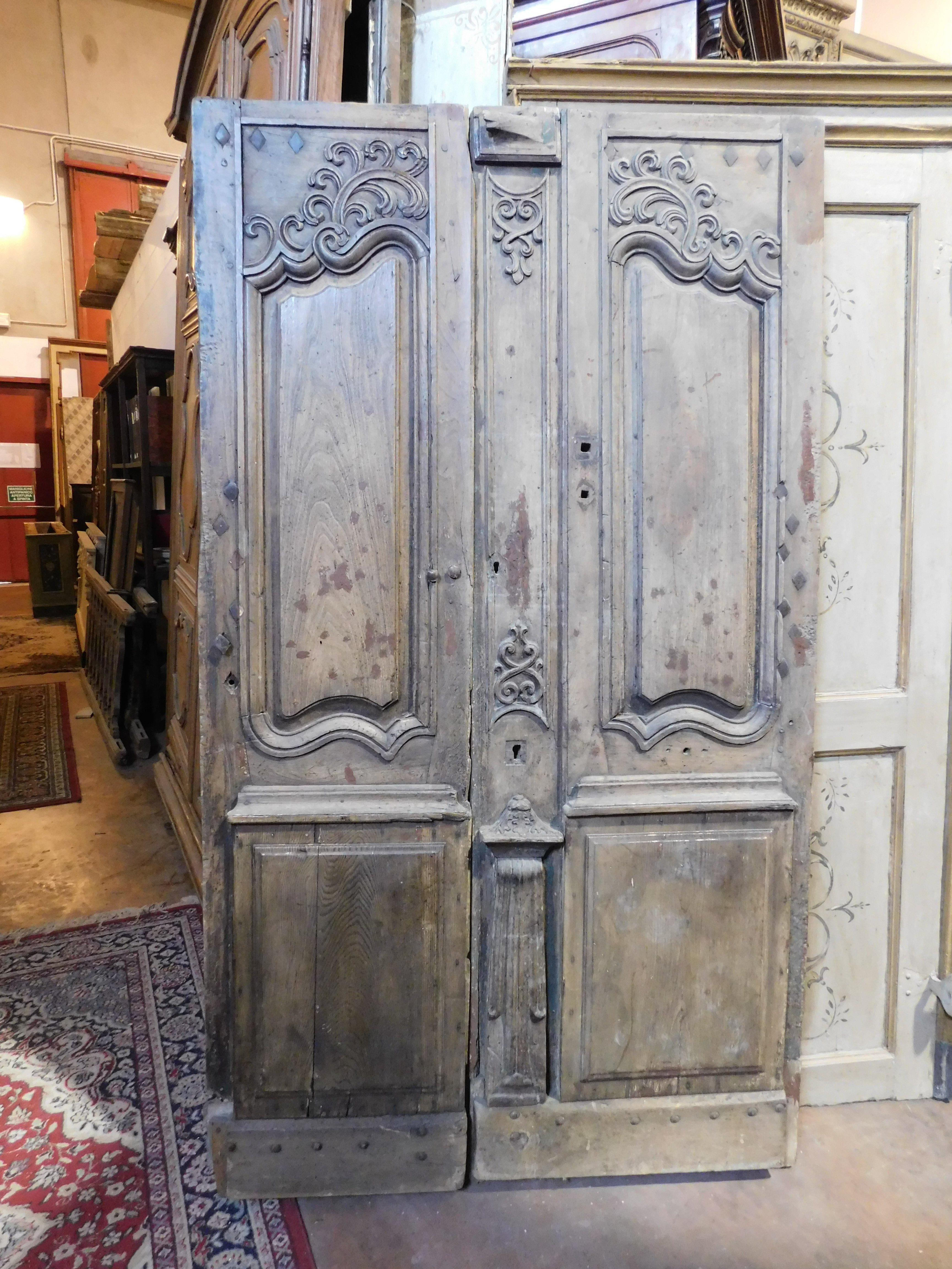 French Entrance door, double-hinged doorway With wavy carved panels, oak, France For Sale
