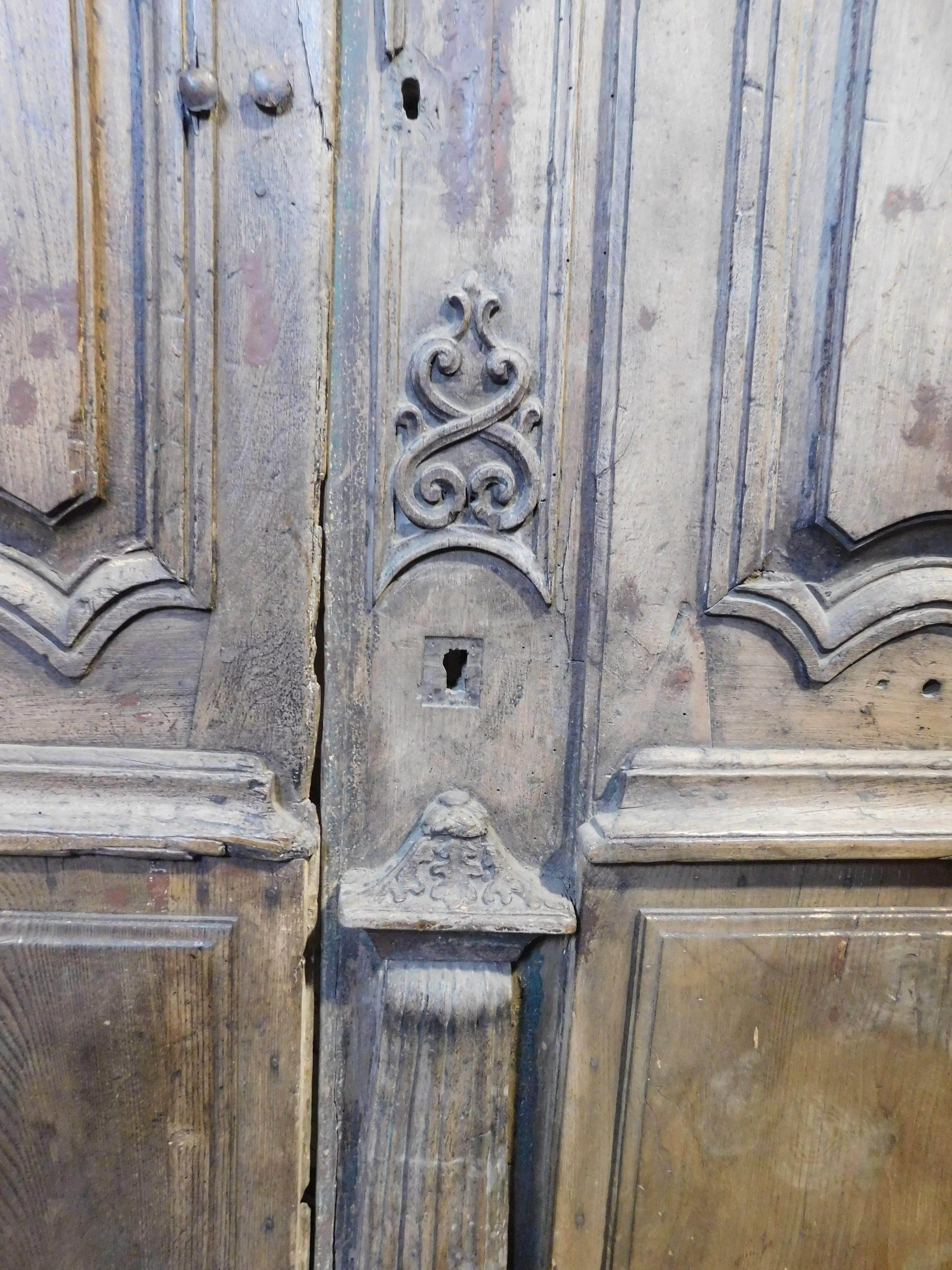 19th Century Entrance door, double-hinged doorway With wavy carved panels, oak, France For Sale