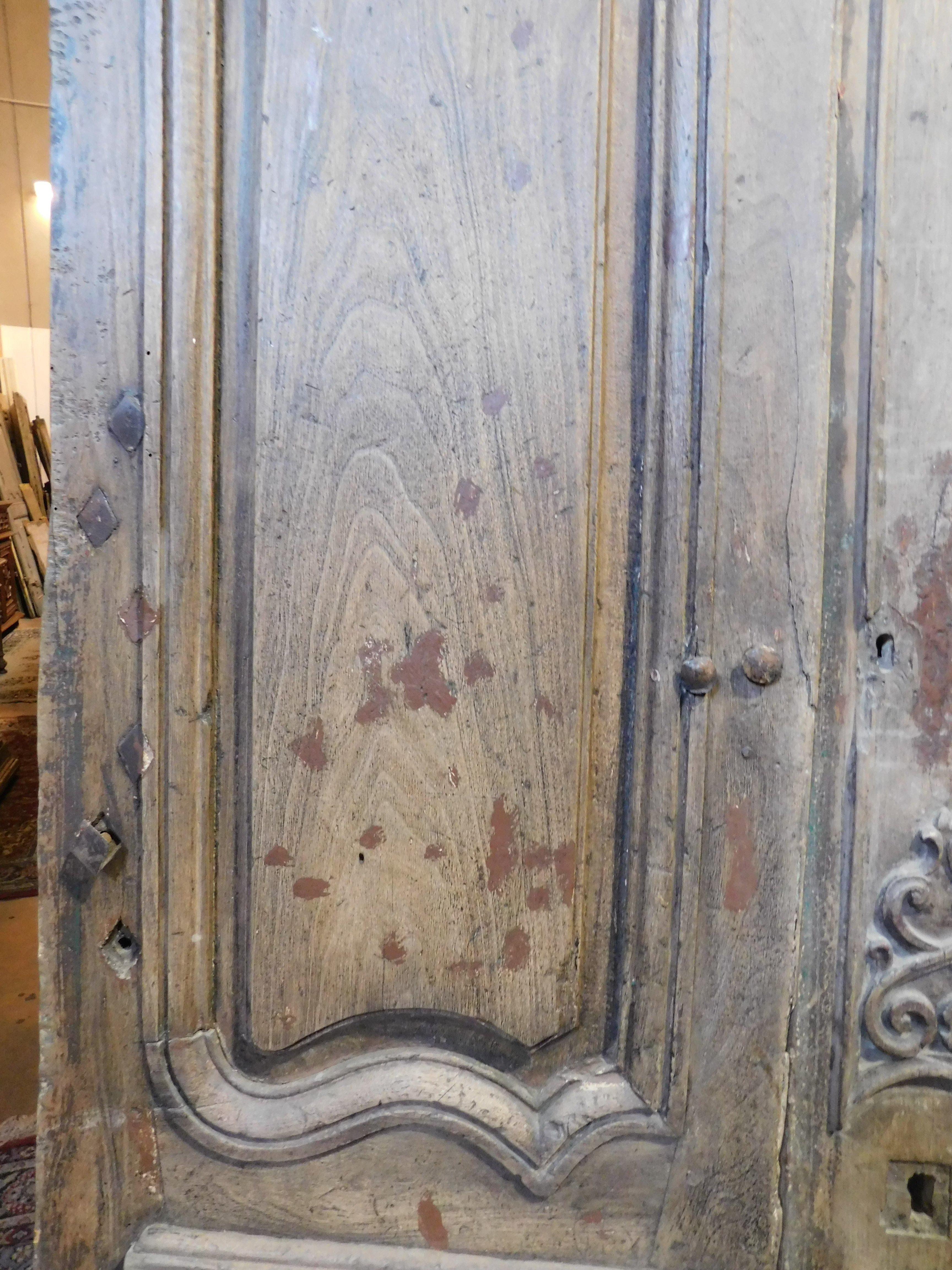 Oak Entrance door, double-hinged doorway With wavy carved panels, oak, France For Sale