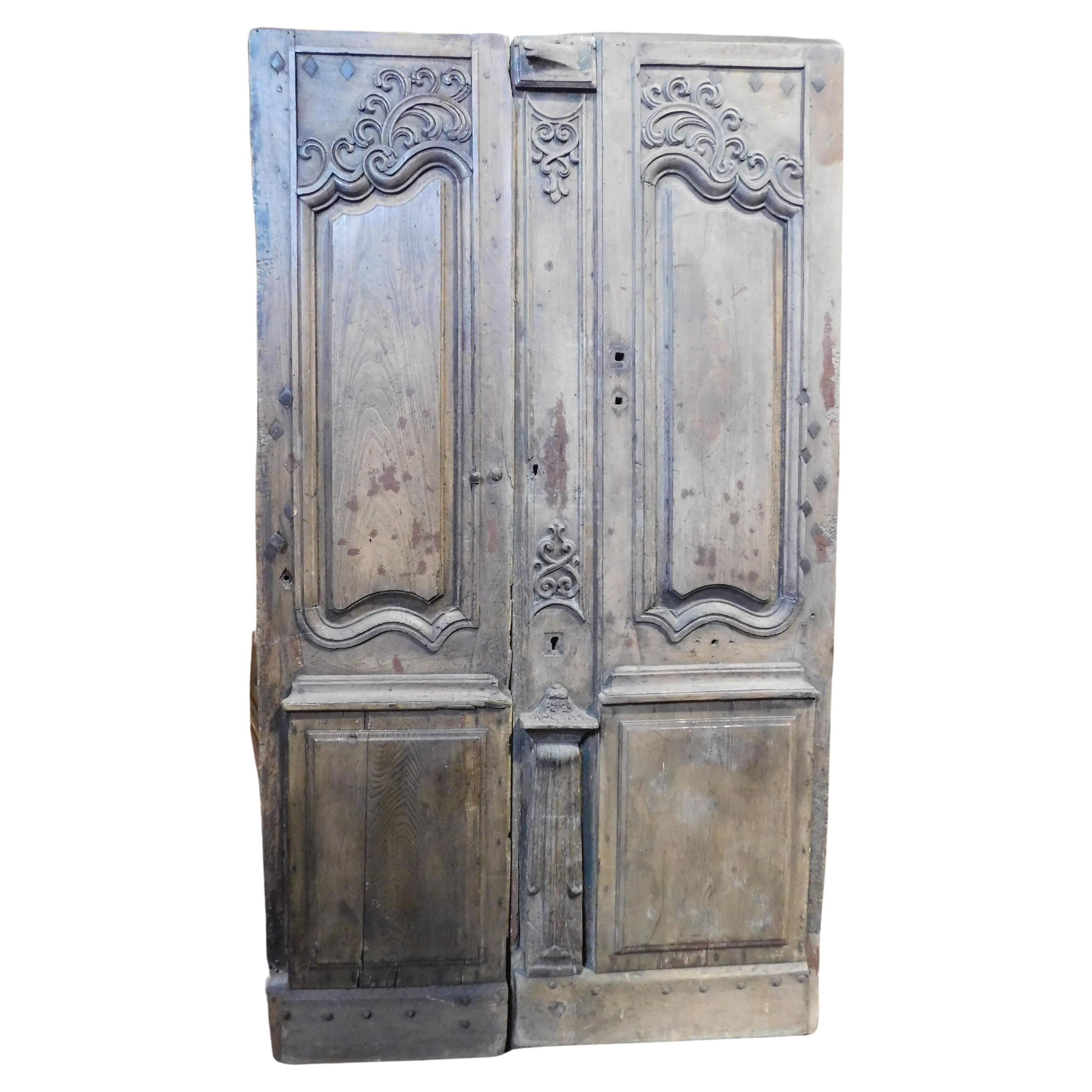 Entrance door, double-hinged doorway With wavy carved panels, oak, France For Sale