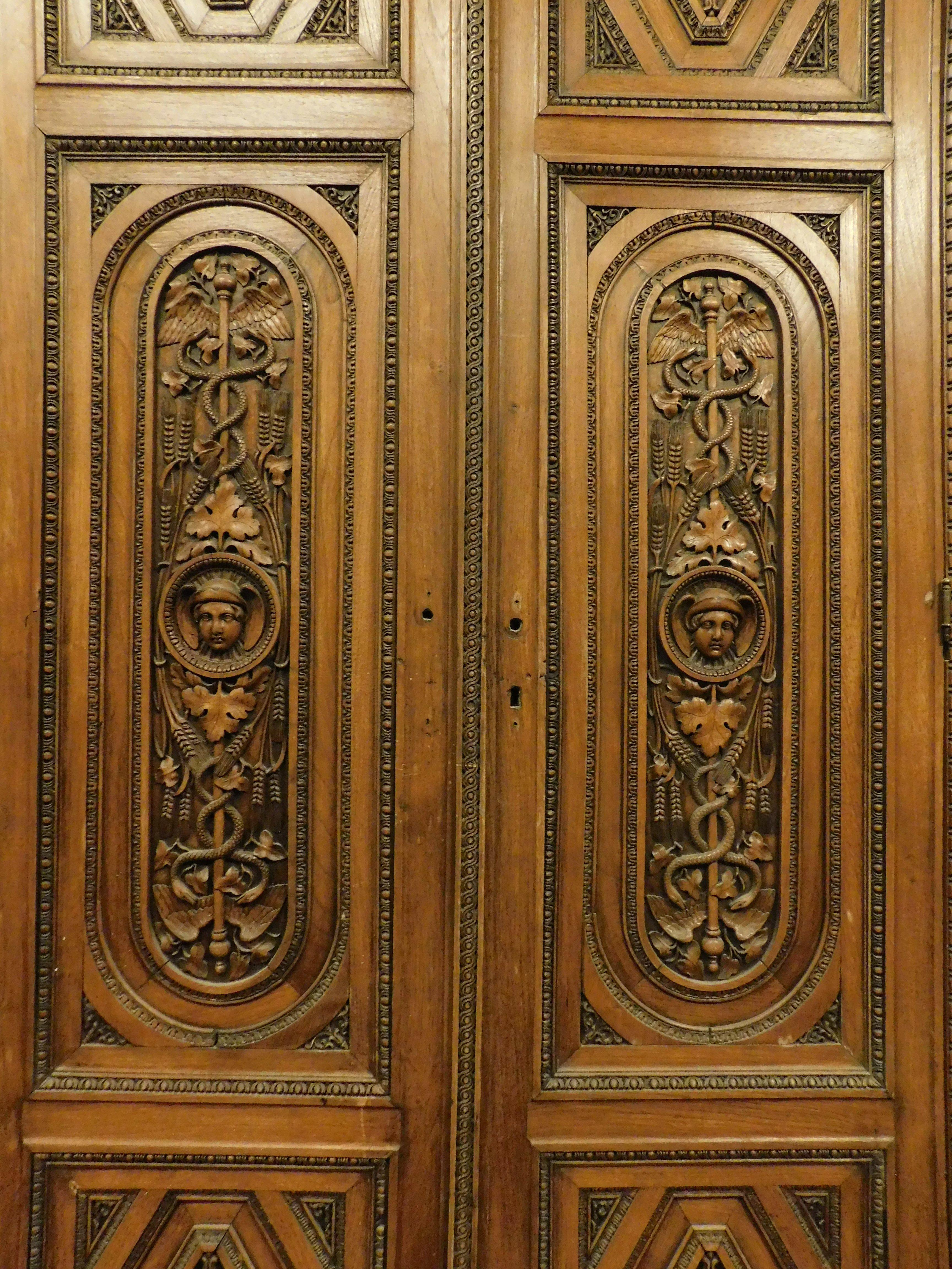 Hand-Carved Entrance Door, Main Door in Walnut, Pharmacy or Medical Office, Early '800 Italy