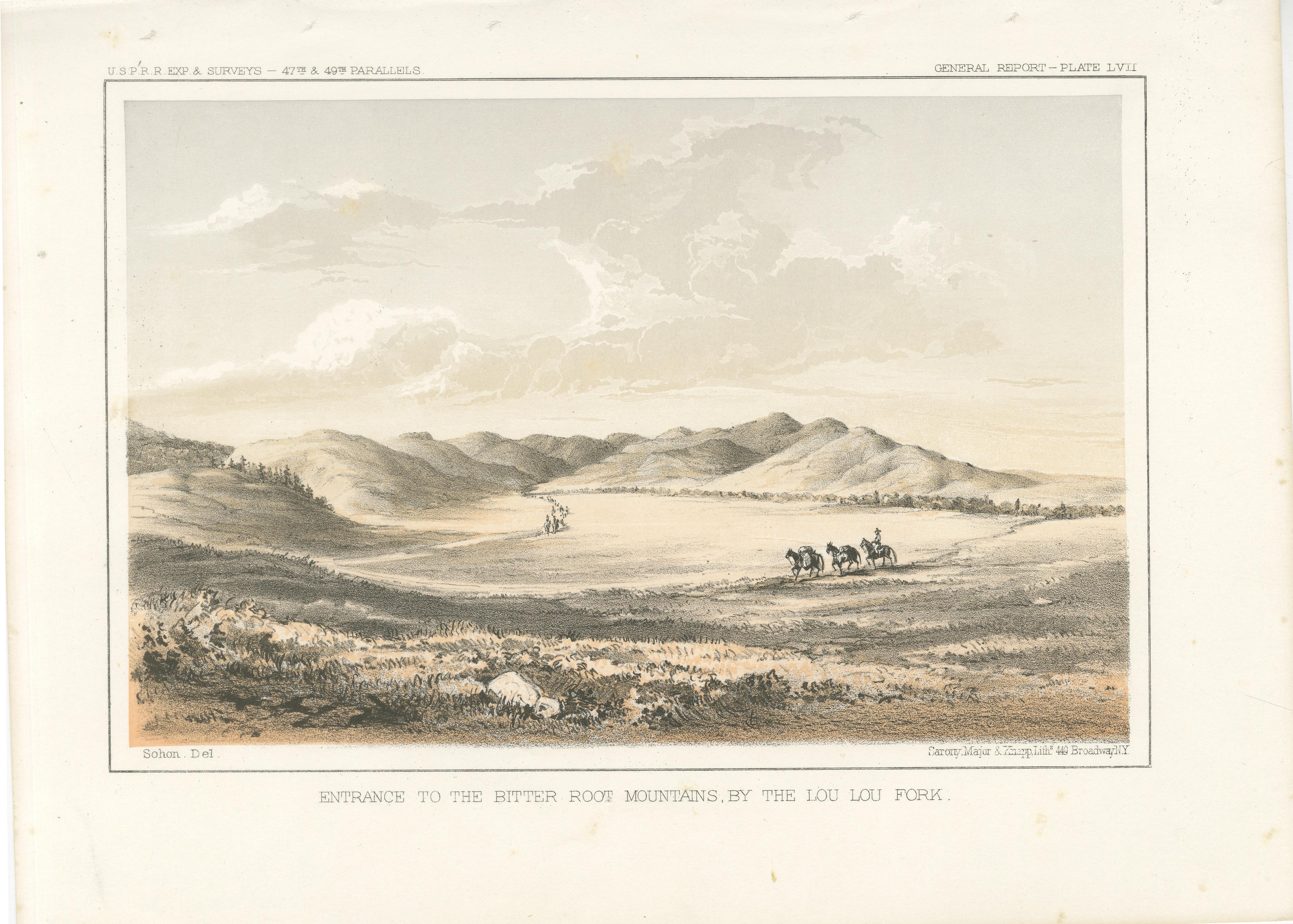 Titel: Eingang zu den Bitter Root Mountains am Lou Lou Fork - Lithographie, 1856  

Beschreibung: Diese bezaubernde Lithografie mit dem Titel 