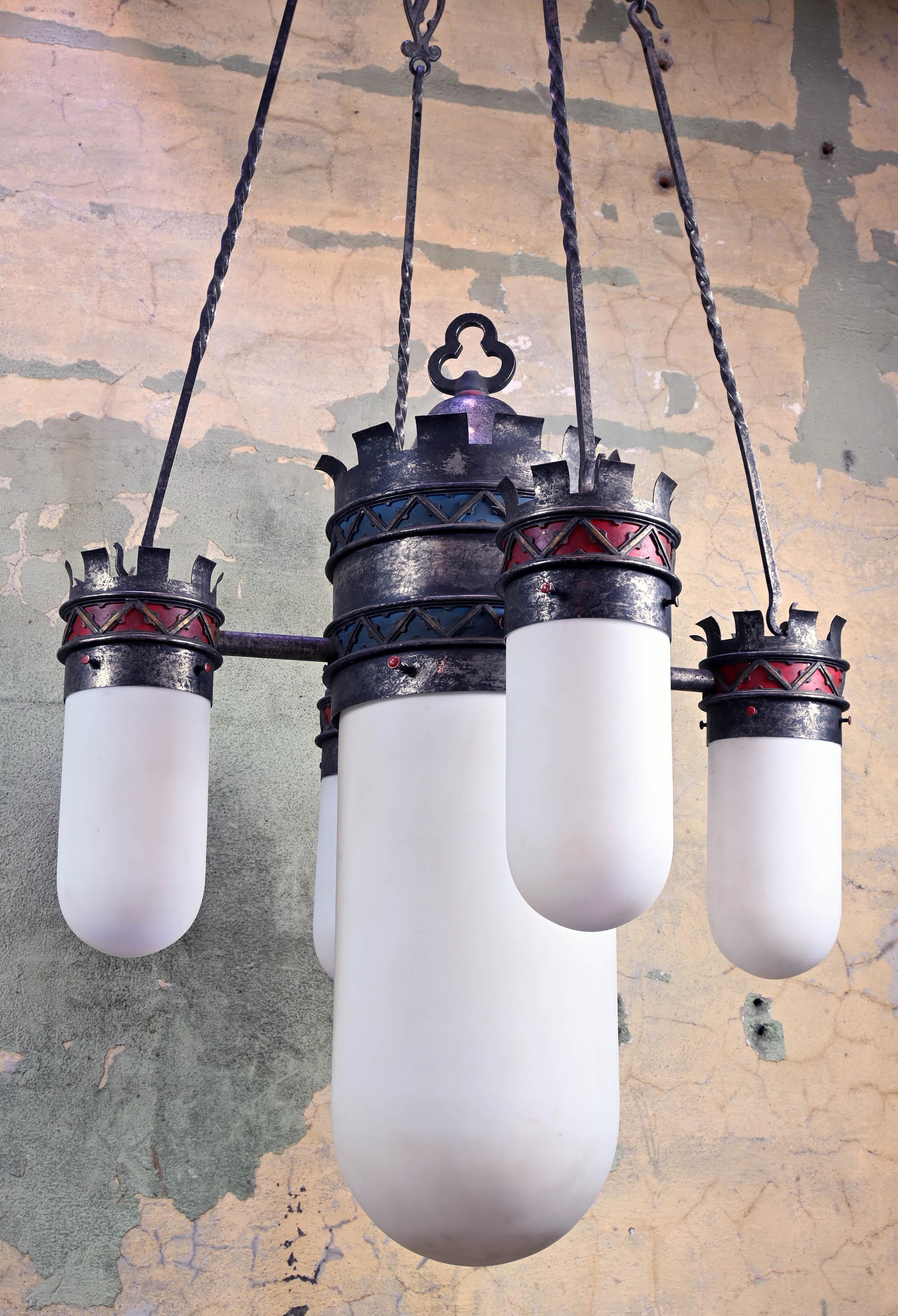 Bullet shades: Four small 6” diameter by 9” tall / one large 12” diameter by 19” tall to first canopy 27” tall, then as much chain as you could want 109” total available to 10” ceiling canopy

Illumination: 5 standard Edison socket 
Overall