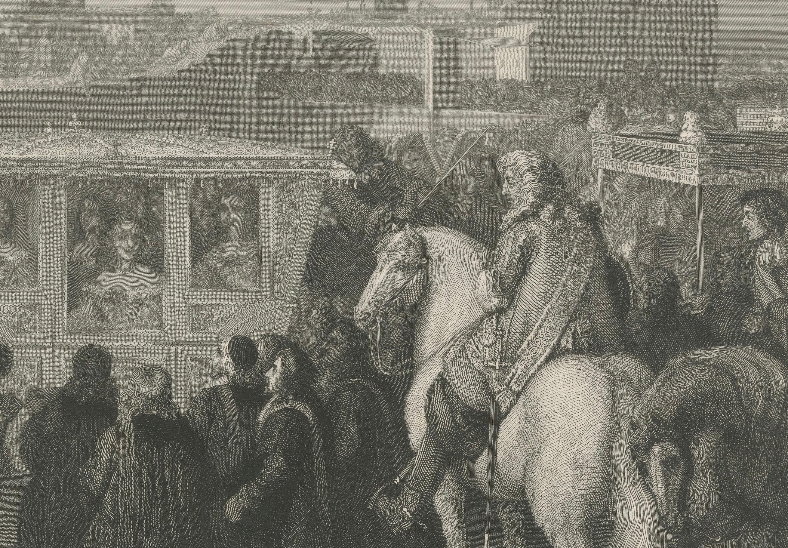 Title: Entry of Louis XIV and Maria Theresa into Douai, 1667 - Engraved After Van der Meulen

Description: This is an original steel engraving from 1860, created after a painting by Adam Frans van der Meulen, and engraved by Gaïté. It depicts the