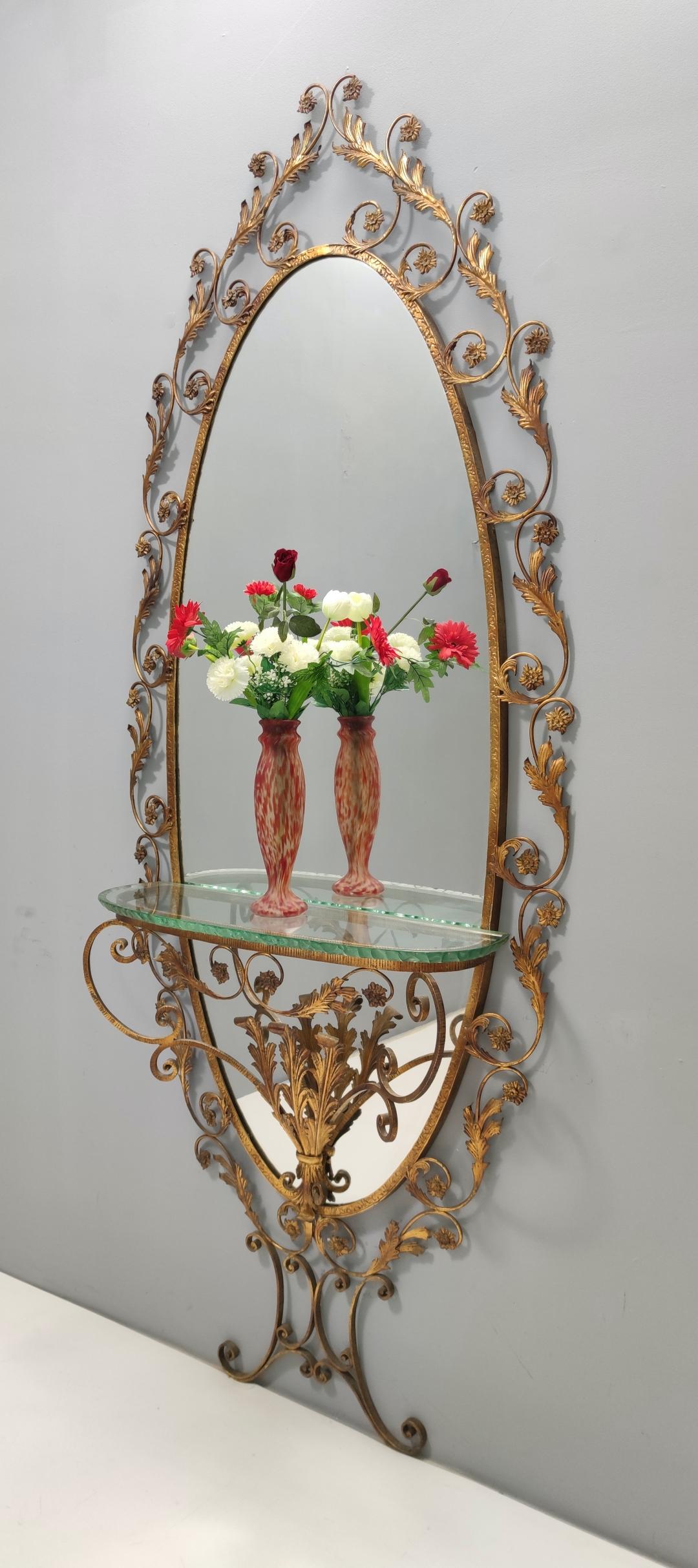 Mid-Century Modern Entryway Mirror and Brass and Glass Console by Pierluigi Colli with Floral Frame For Sale