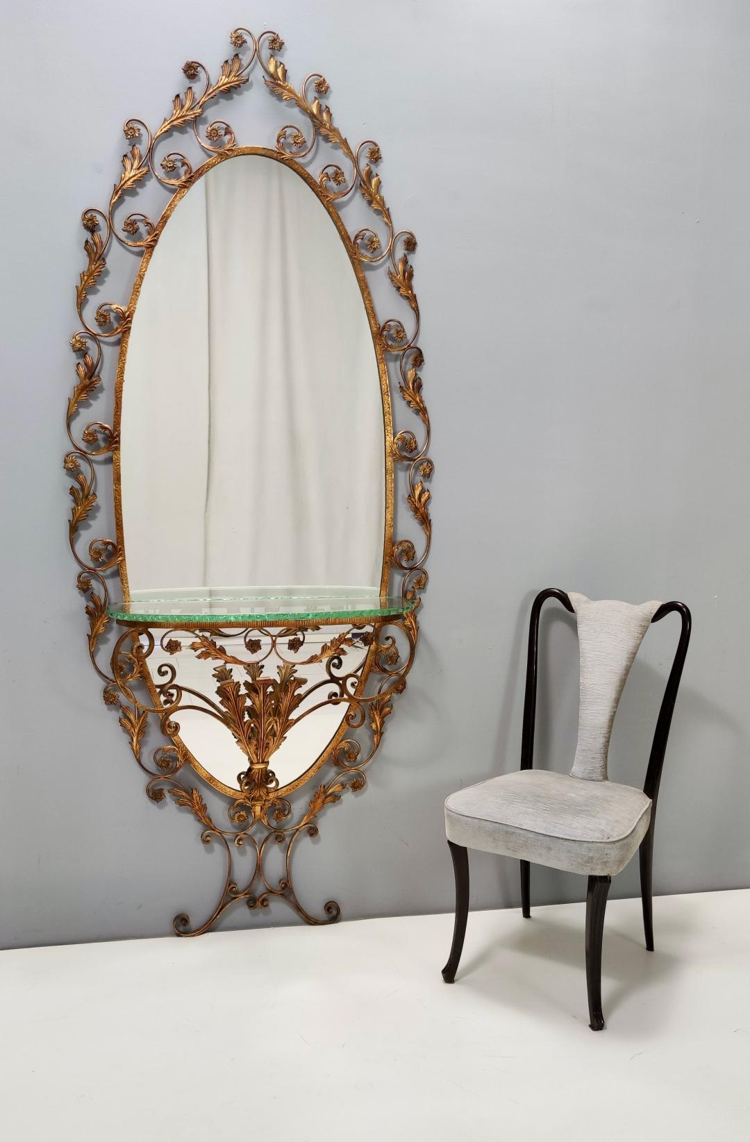 Italian Entryway Mirror and Brass and Glass Console by Pierluigi Colli with Floral Frame For Sale