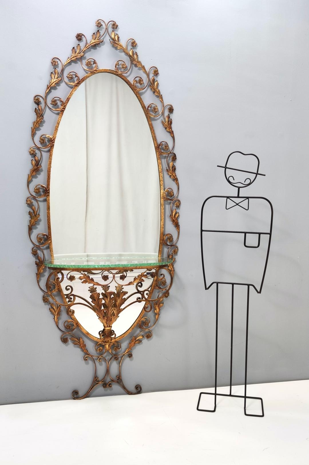 Hammered Entryway Mirror and Brass and Glass Console by Pierluigi Colli with Floral Frame For Sale