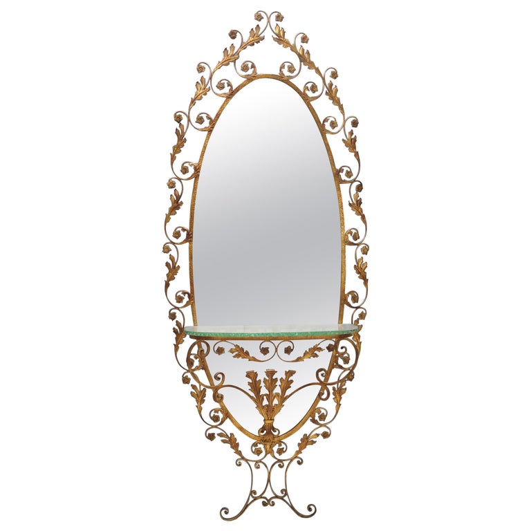 Vintage Entryway Mirror and Brass Console by Pierluigi Colli with Glass Top For Sale at 1stDibs