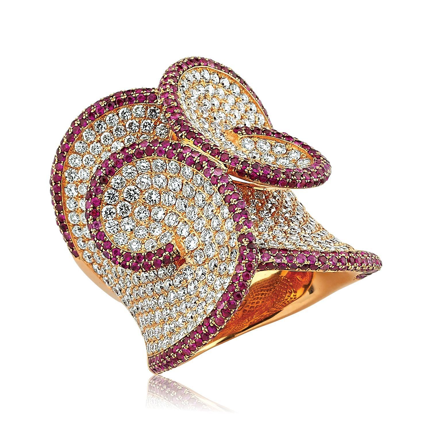 For Sale:  Entwined 18k Gold Ring with White Diamonds and Rubies 3