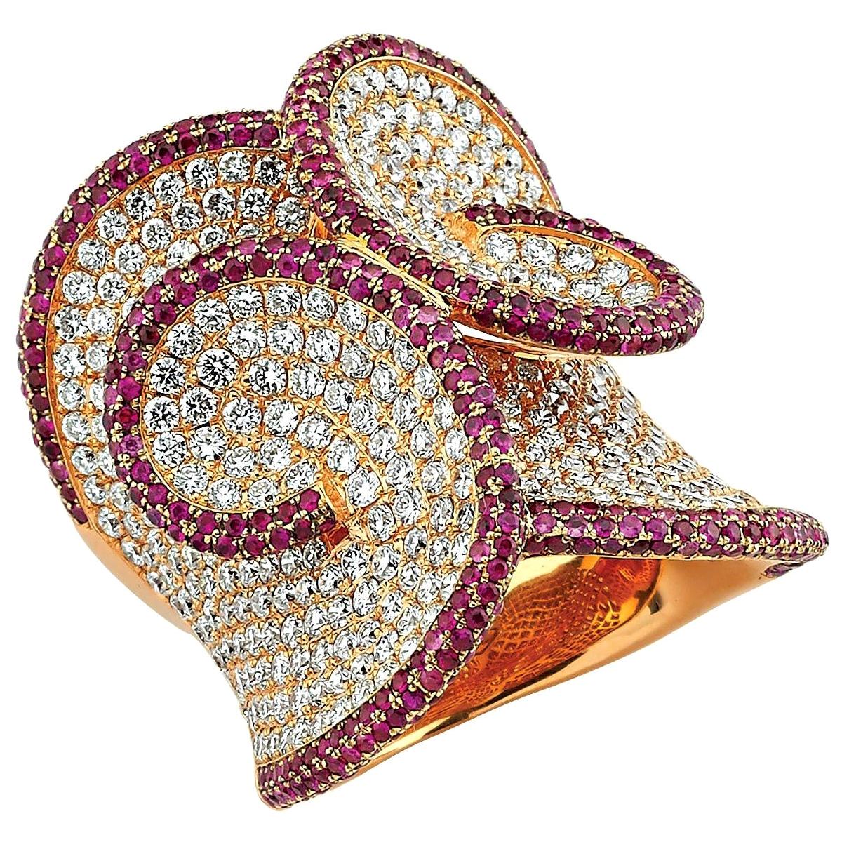 For Sale:  Entwined 18k Gold Ring with White Diamonds and Rubies