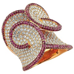 Entwined 18k Gold Ring with White Diamonds and Rubies
