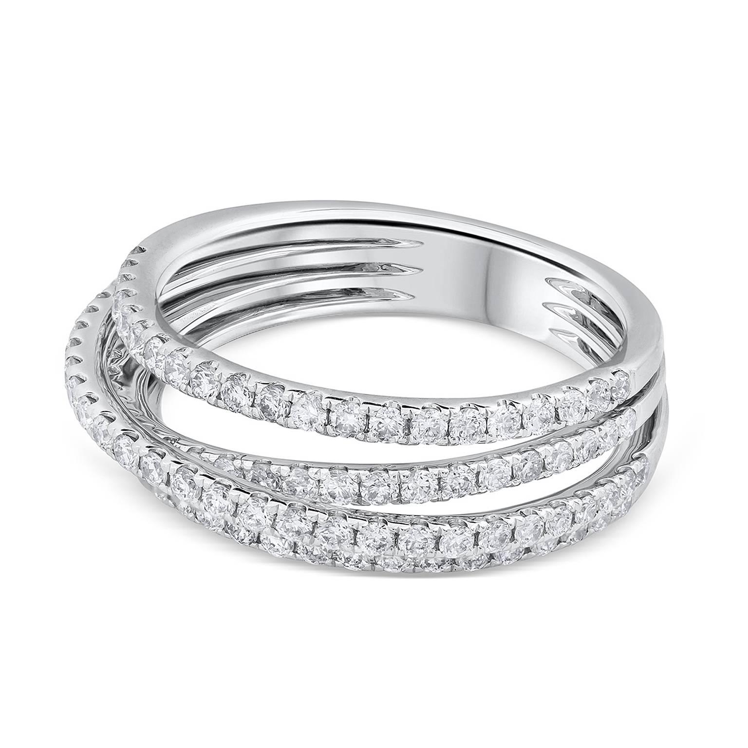 A unique and distinct 14k white gold ring featuring 4 rows of dazzling diamonds weighing 0.92 carats total. The middle rows elegantly entwine in the middle as each row gradually connects as one at the back. Size 6.75 US. Has a 6.62 millimeter