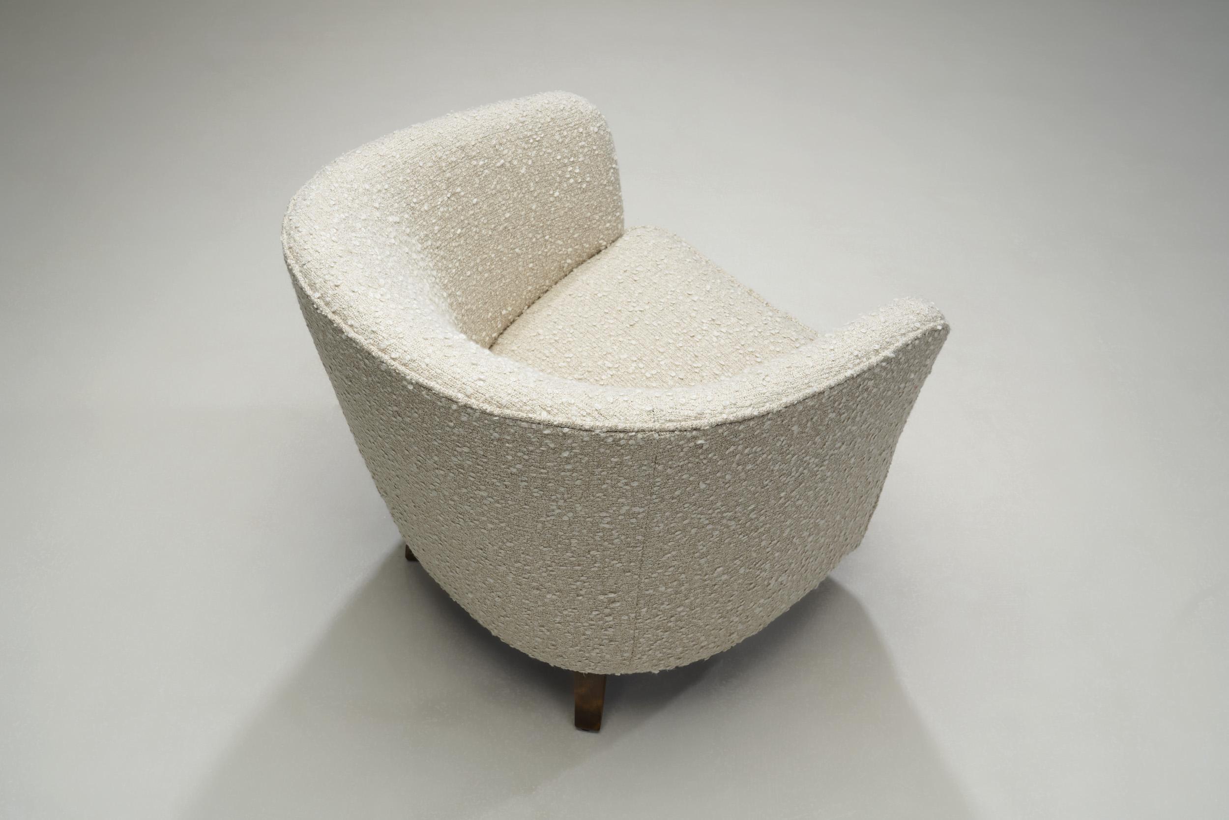 Mid-20th Century Enveloping Cabinetmaker Armchair in Bouclé, Europe ca 1950s For Sale