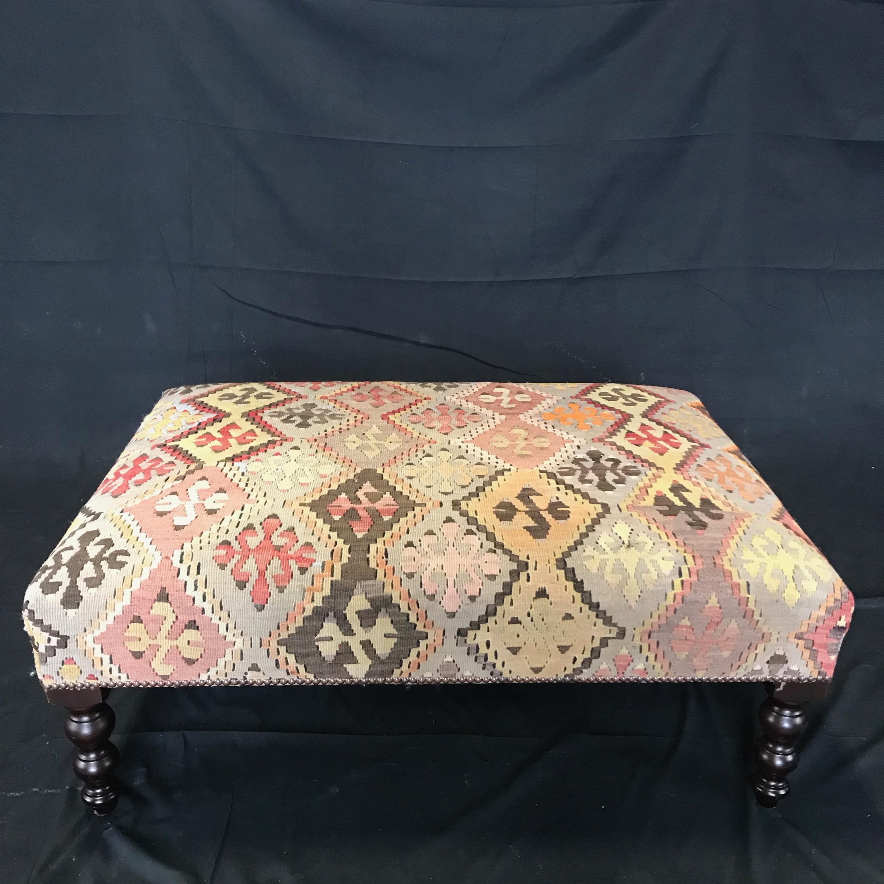 To die for pair of original George Smith kilim upholstered signature ottomans. The upholstery is in excellent condition throughout; it has some desirable fading which gives it the right English country home look and feel. Original tags.
#5001.