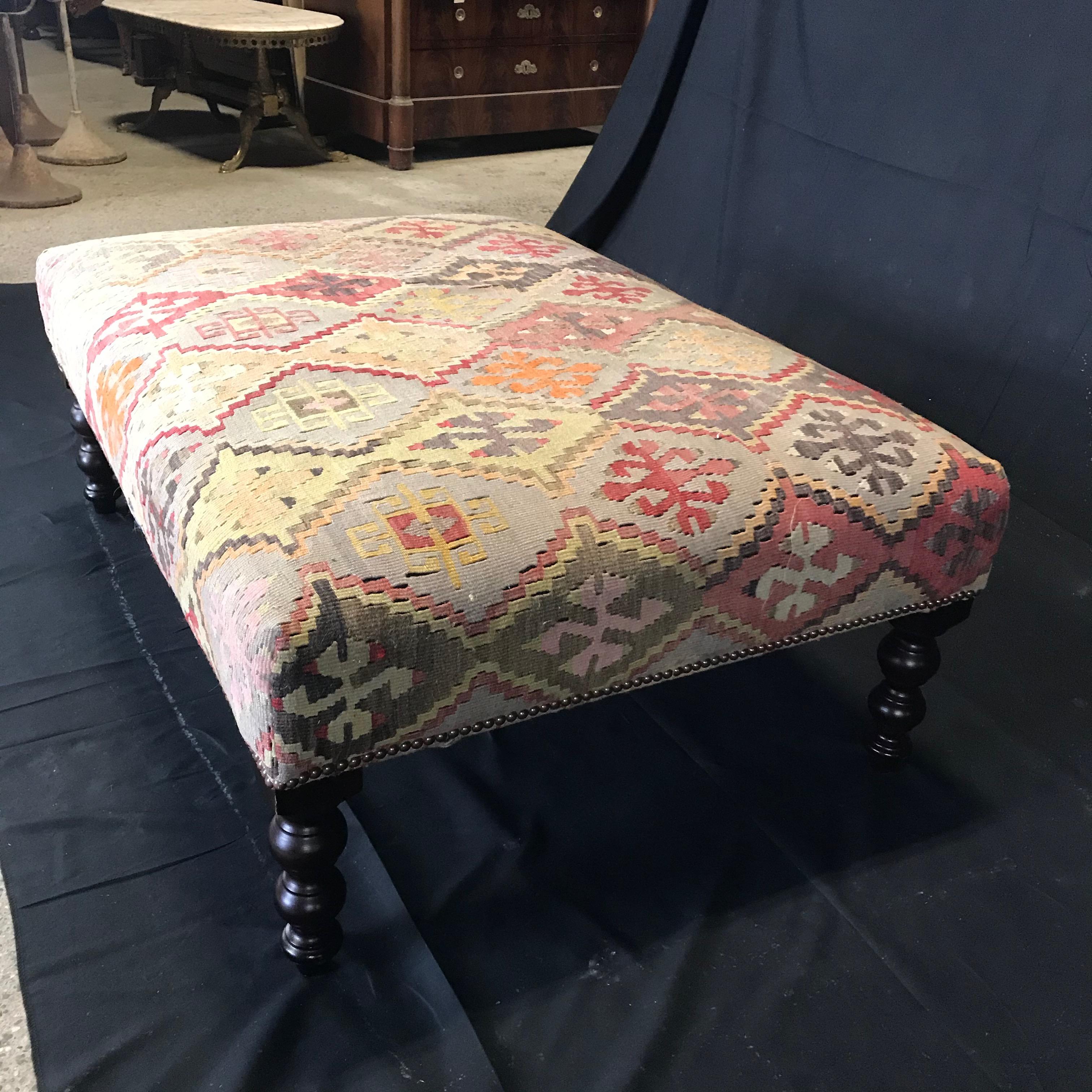 Contemporary Enviable Pair of George Smith Kilim Ottomans