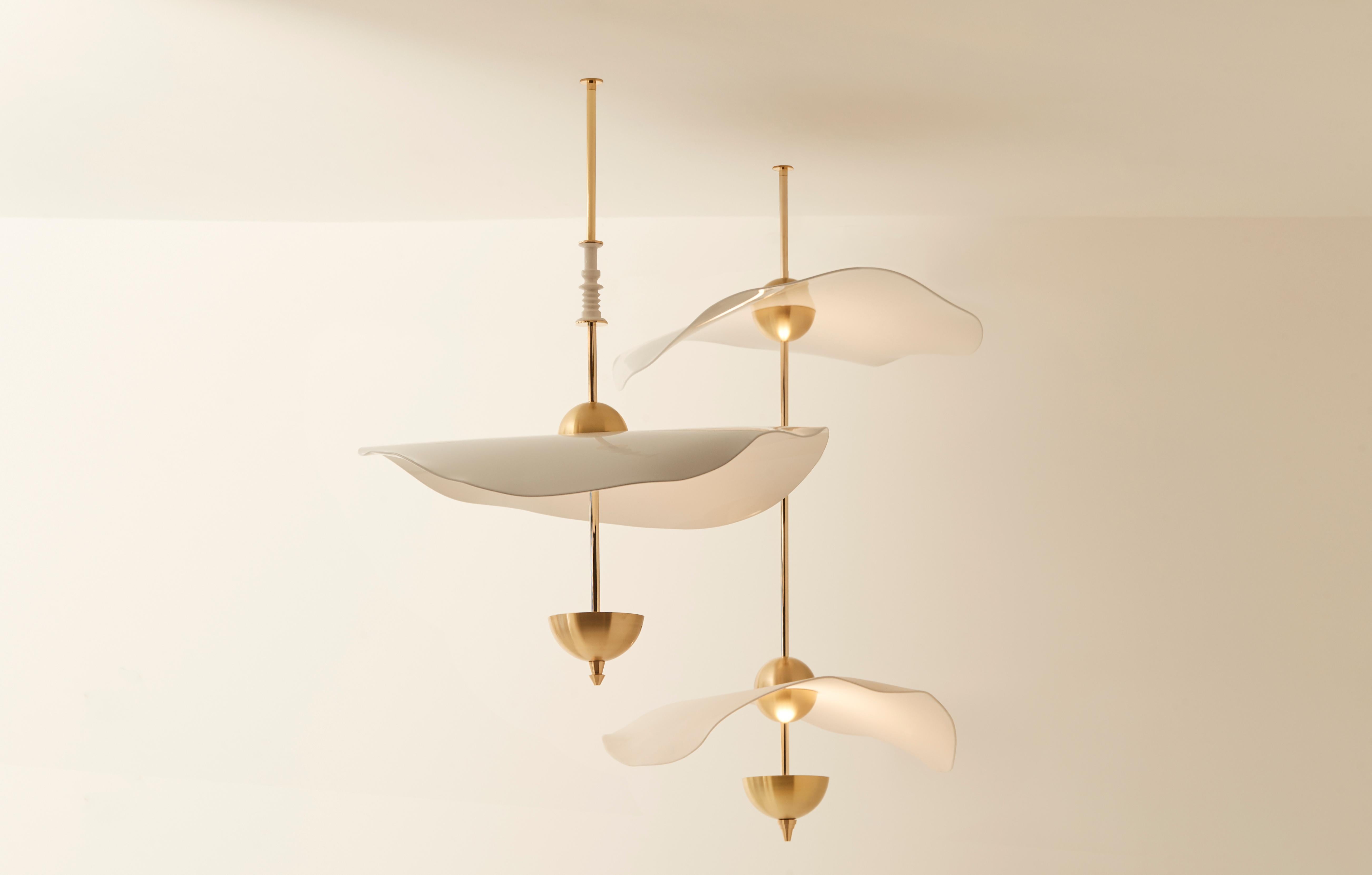Envolée double pendant light by Mydriaz
Dimensions: W 49 x H 98 x D 60 cm
Materials: Brass
Finishes: Golden-plated polished brass, white nickel finish on polished brass, black nickel finish on polished brass, brass ceramic
18 - 20 kg

Light
