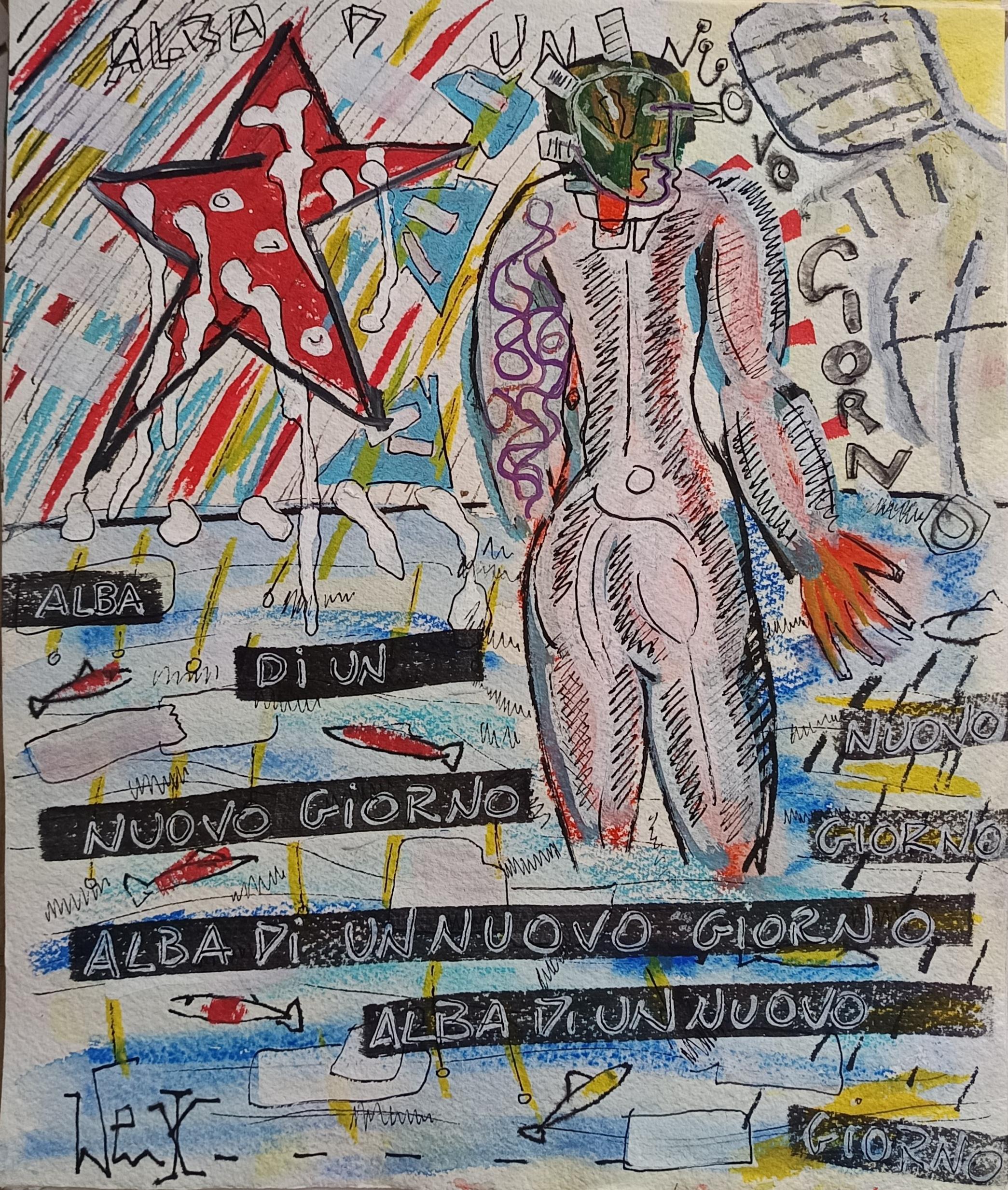 Título traducido: "Amanecer de un nuevo día"

Pintura acrílica y rotulador sobre papel de algodón de alta calidad, hecho a mano en Italia.
Esto es parte de un álbum. 
Se ha dibujado de una sola vez, sin borrar. 
El precio se refiere al dibujo único. 