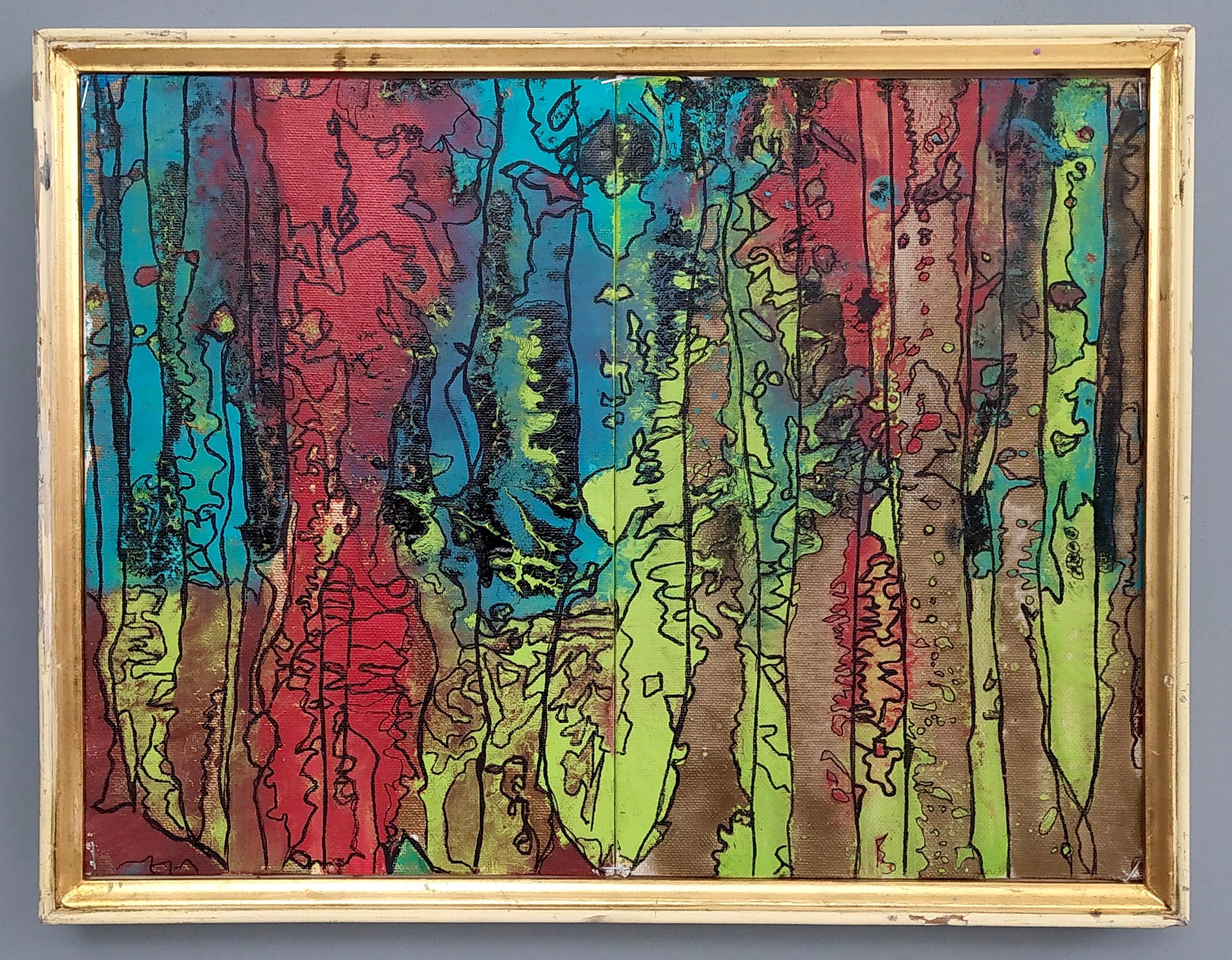 Übersetzter Titel: "Gefärbter Wald".

Es ist ein Diptychon.
Acryl auf Leinwand.
Es hat einen Vintage-Rahmen.