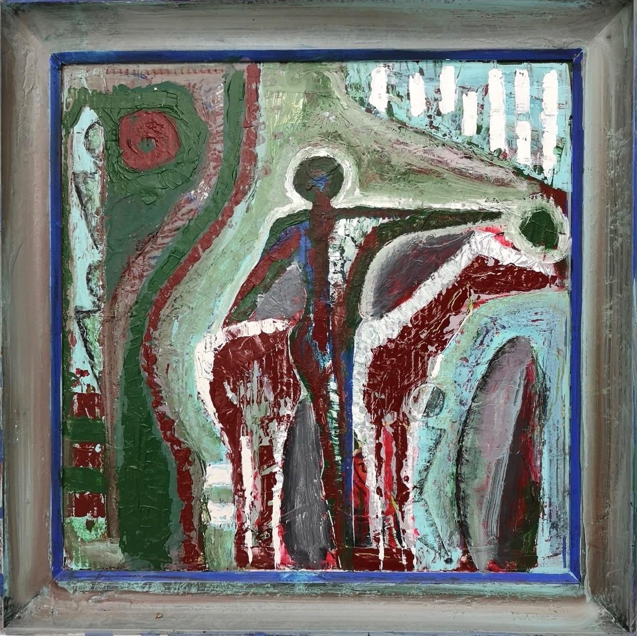 Translated title: "Knight and horse".

Acrylic paint on board. 
The frame was painted by the artist and is made in beech wood.

Width: 59 cm 
Height: 59 cm
Depth: 5 cm 