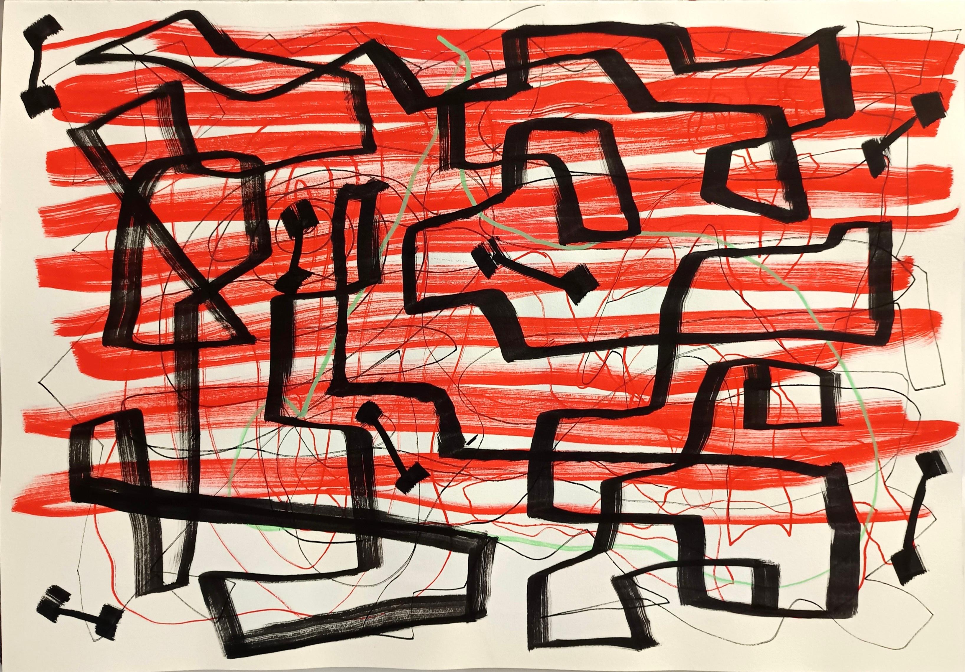 Enzio Wenk Abstract Painting - "Composizione" by E. Wenk, 2020-21-Black and Red Acrylic Paint, NeoExpressionism
