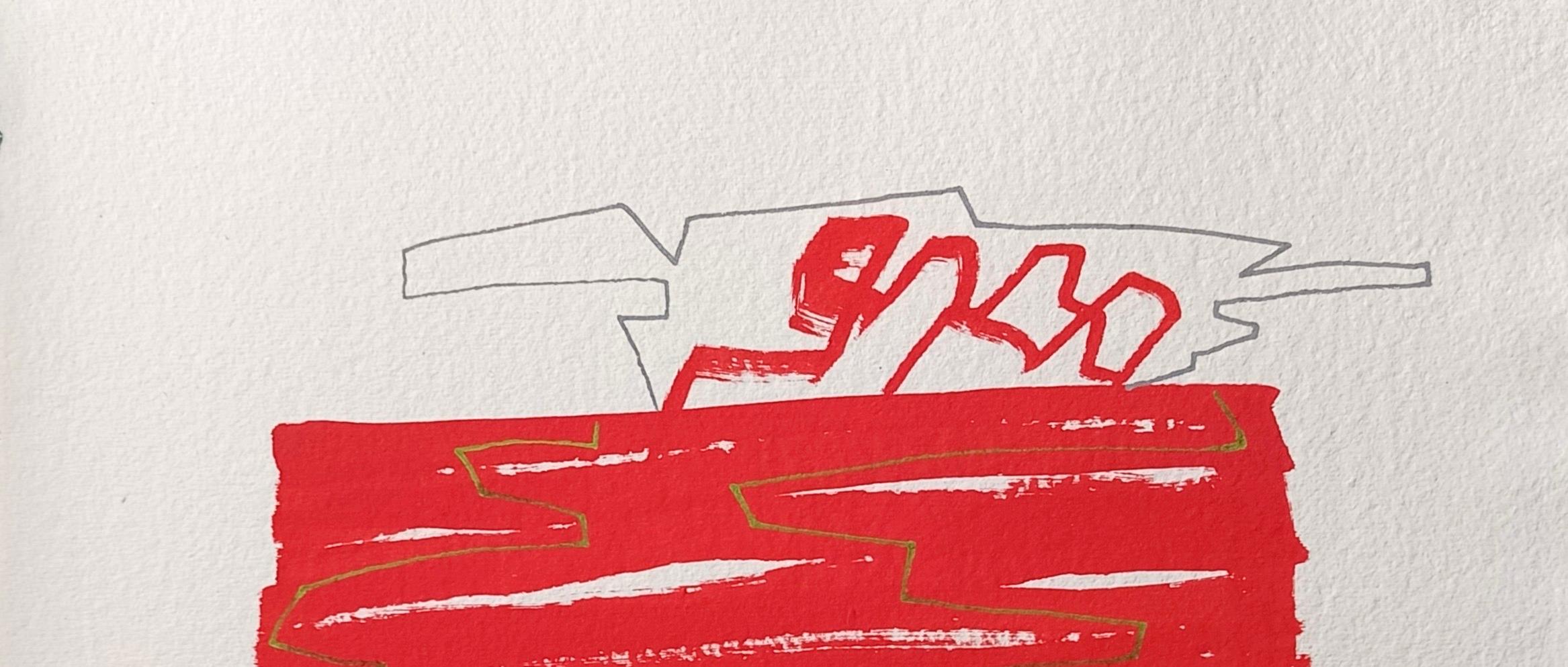 „Composizione“ von E. Wenk, 2020 – Rotes Acrylfarben und Bleistift, Abstrakt – Painting von Enzio Wenk