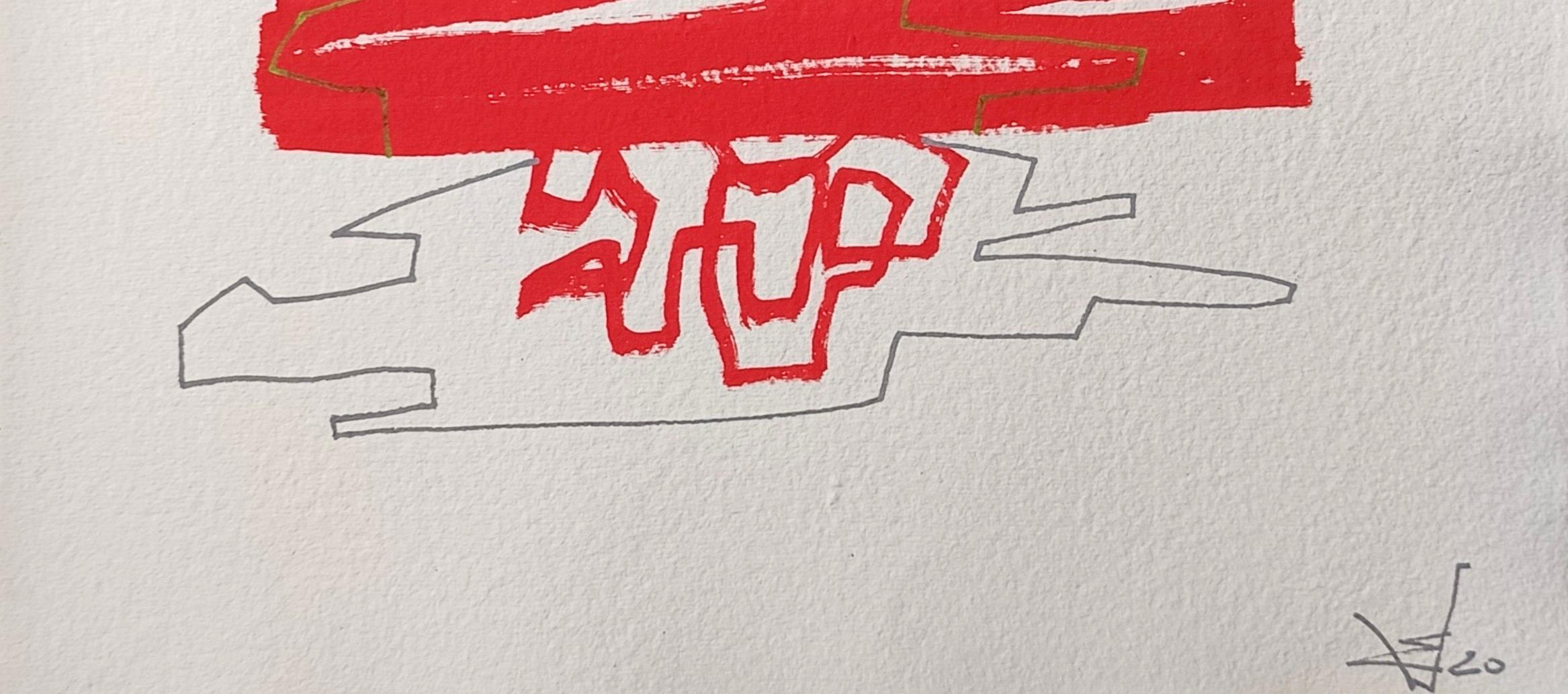 „Composizione“ von E. Wenk, 2020 – Rotes Acrylfarben und Bleistift, Abstrakt (Neue Wilde), Painting, von Enzio Wenk