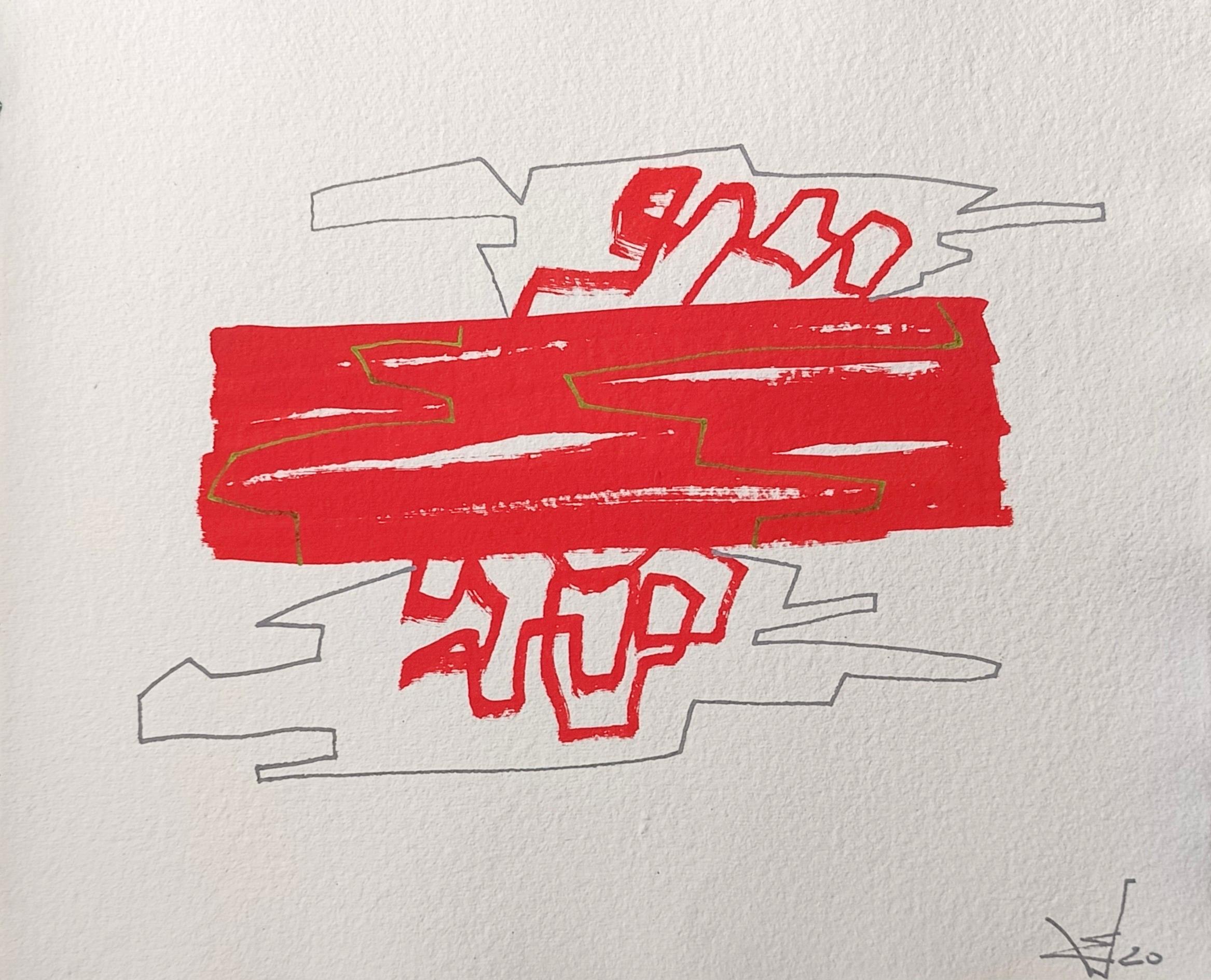 "Composizione" di E. Wenk, 2020 - Pittura acrilica e matita rossa, Astratto