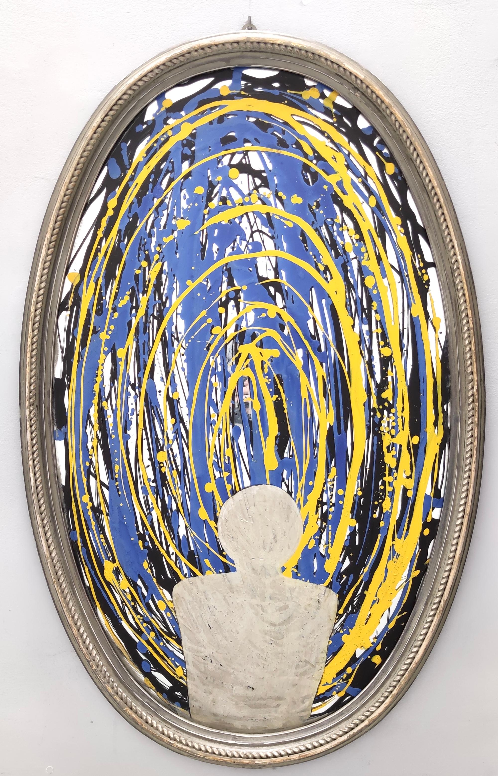 Translated title: "In front of the immense". 
Black, blue and yellow acrylic paint on a vintage mirror. 
