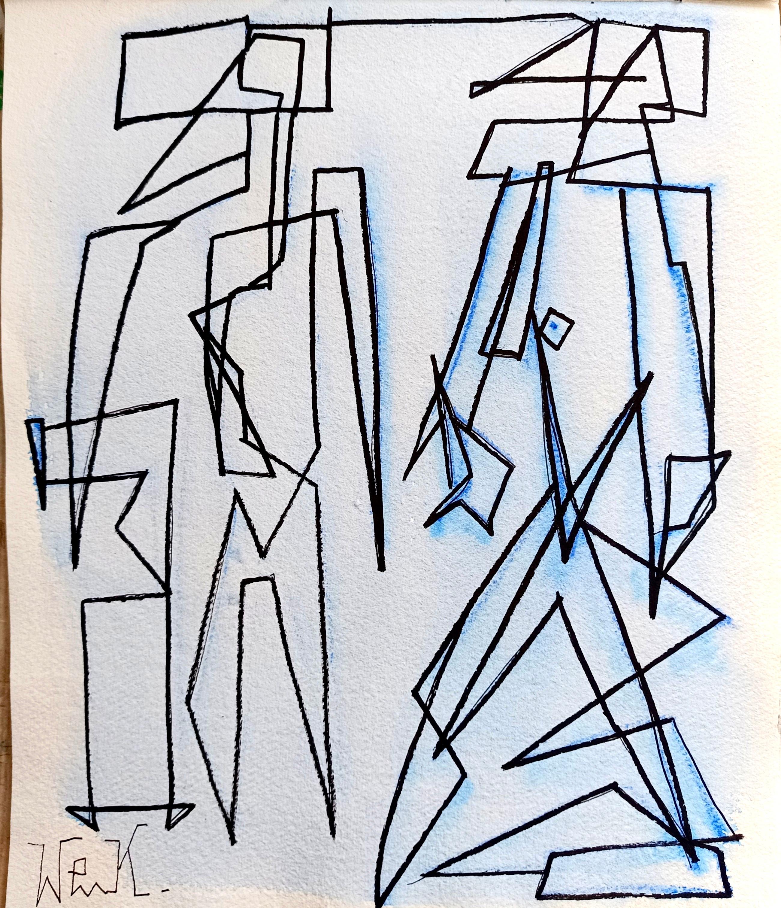 Abstract Painting di Enzio Wenk - "Due figure" di E. Wenk, 2020-22- Acquerello e pennarello, Figurativo astratto