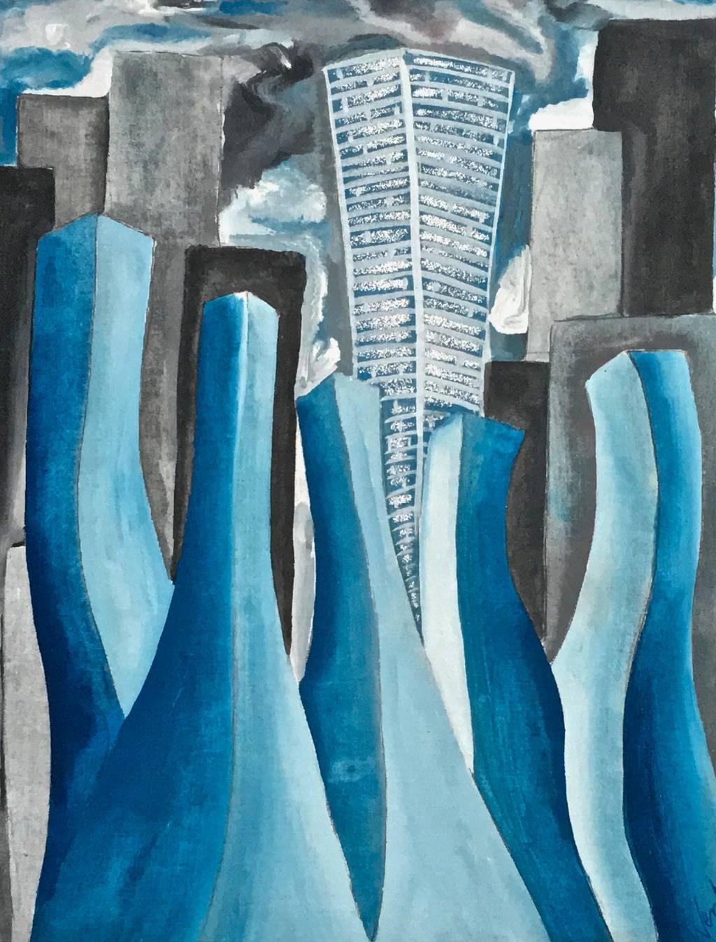 Mattino a San Paolo von E. Wenk, 2010  Blaue Stadtlandschaft, Acryl auf Leinwand – Painting von Enzio Wenk