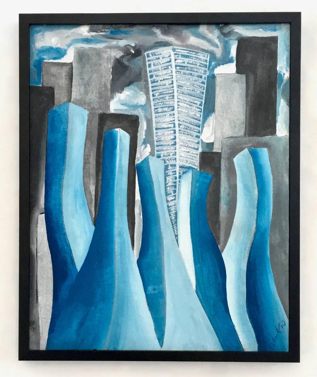 Mattino a San Paolo von E. Wenk, 2010  Blaue Stadtlandschaft, Acryl auf Leinwand (Abstrakter Expressionismus), Painting, von Enzio Wenk