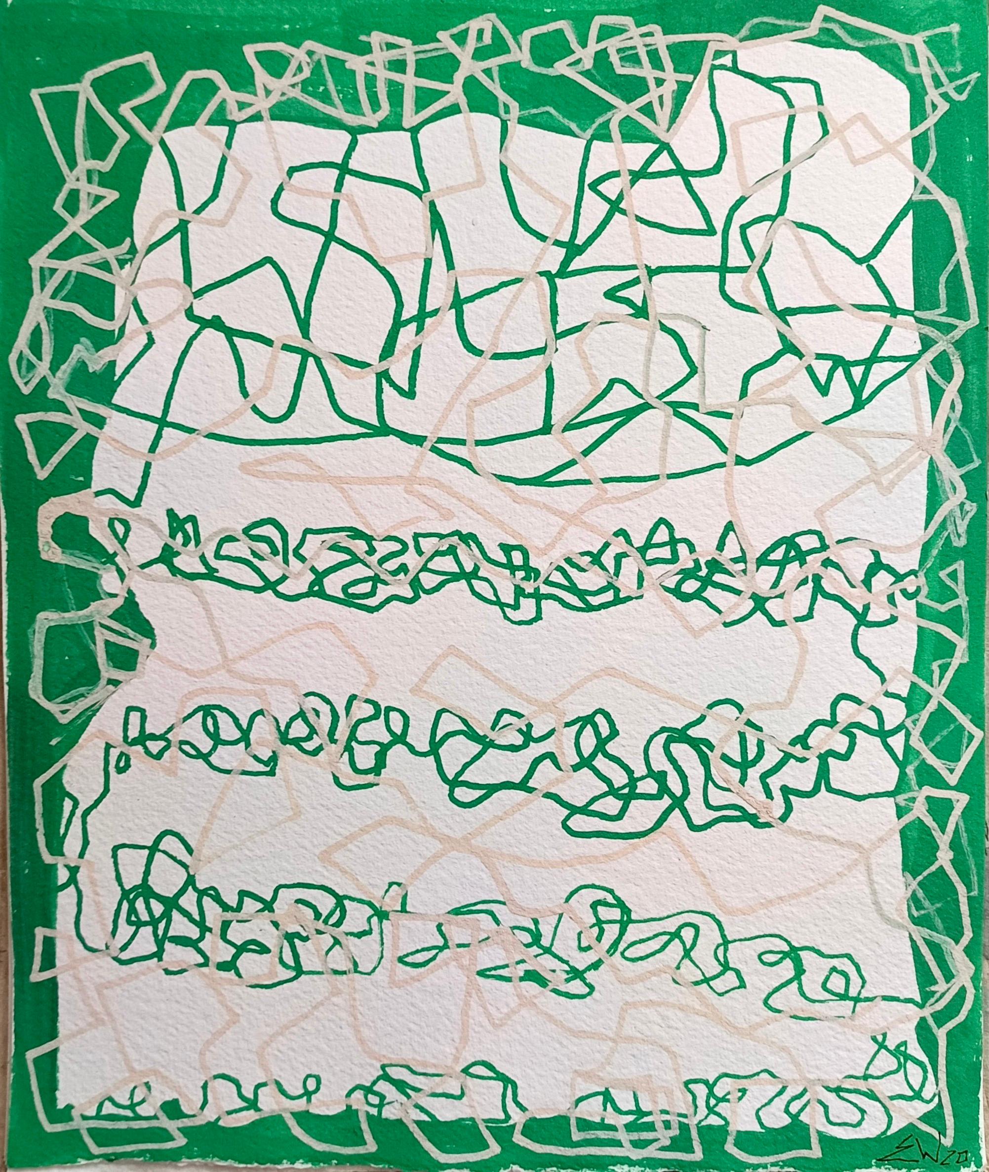 « Tracciati » d'E. Wenk, 2020, peinture acrylique verte, lignes abstraites, graffiti