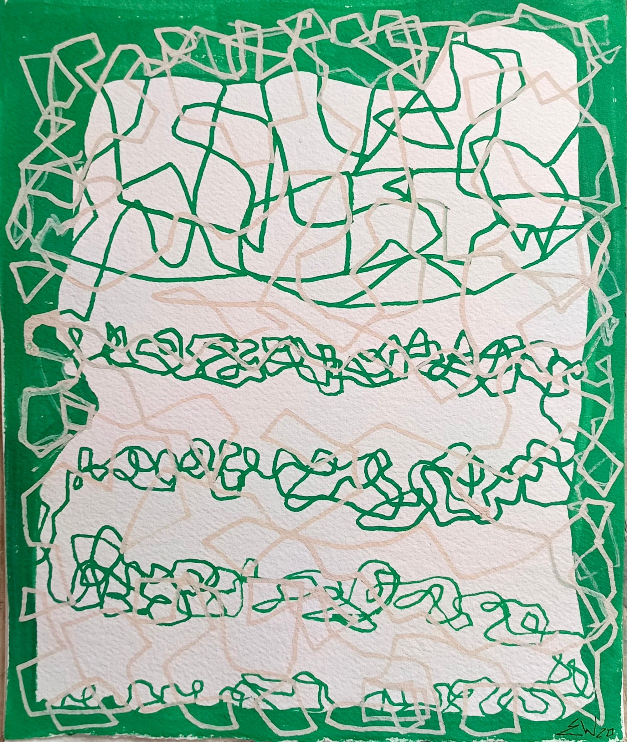 "Tracciati" di E. Wenk, 2020 - Pittura acrilica verde, linee astratte, graffiti