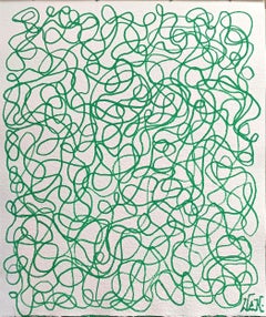 « Tracciati » d'E. Wenk, 2020, peinture acrylique verte, lignes abstraites, graffiti