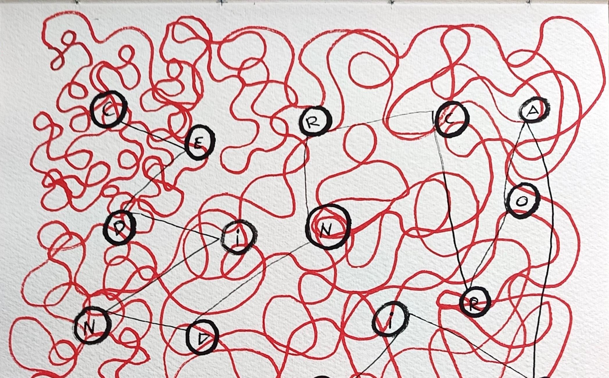 « Traces » d'E. Wenk, 2020- Peinture et crayon acryliques noirs et rouges, mots abstraits - Painting de Enzio Wenk
